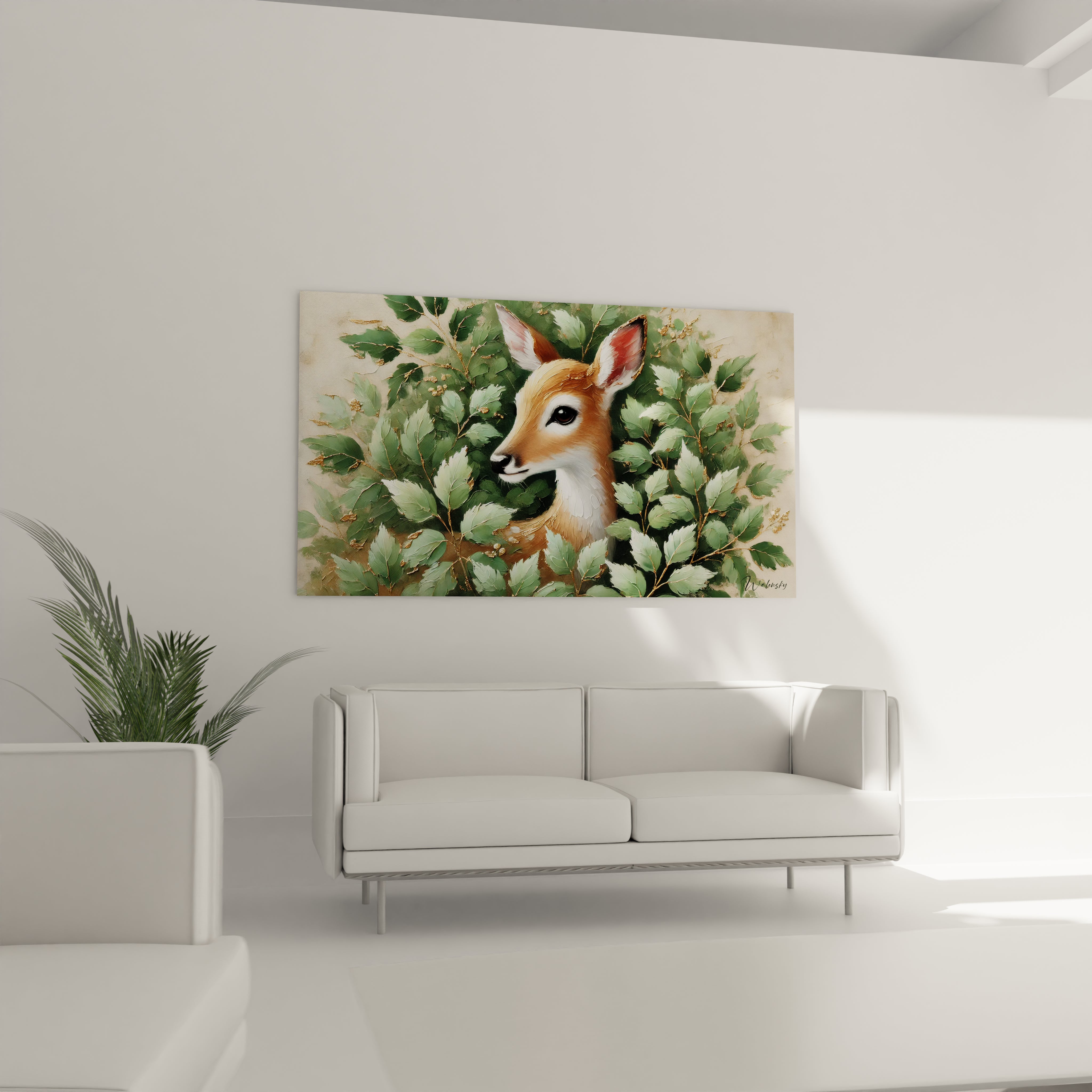 Le tableau biche, au-dessus du canapé, apporte une touche de nature à votre salon. Les couleurs vibrantes et le réalisme de la biche invitent à la sérénité et à la beauté sauvage.