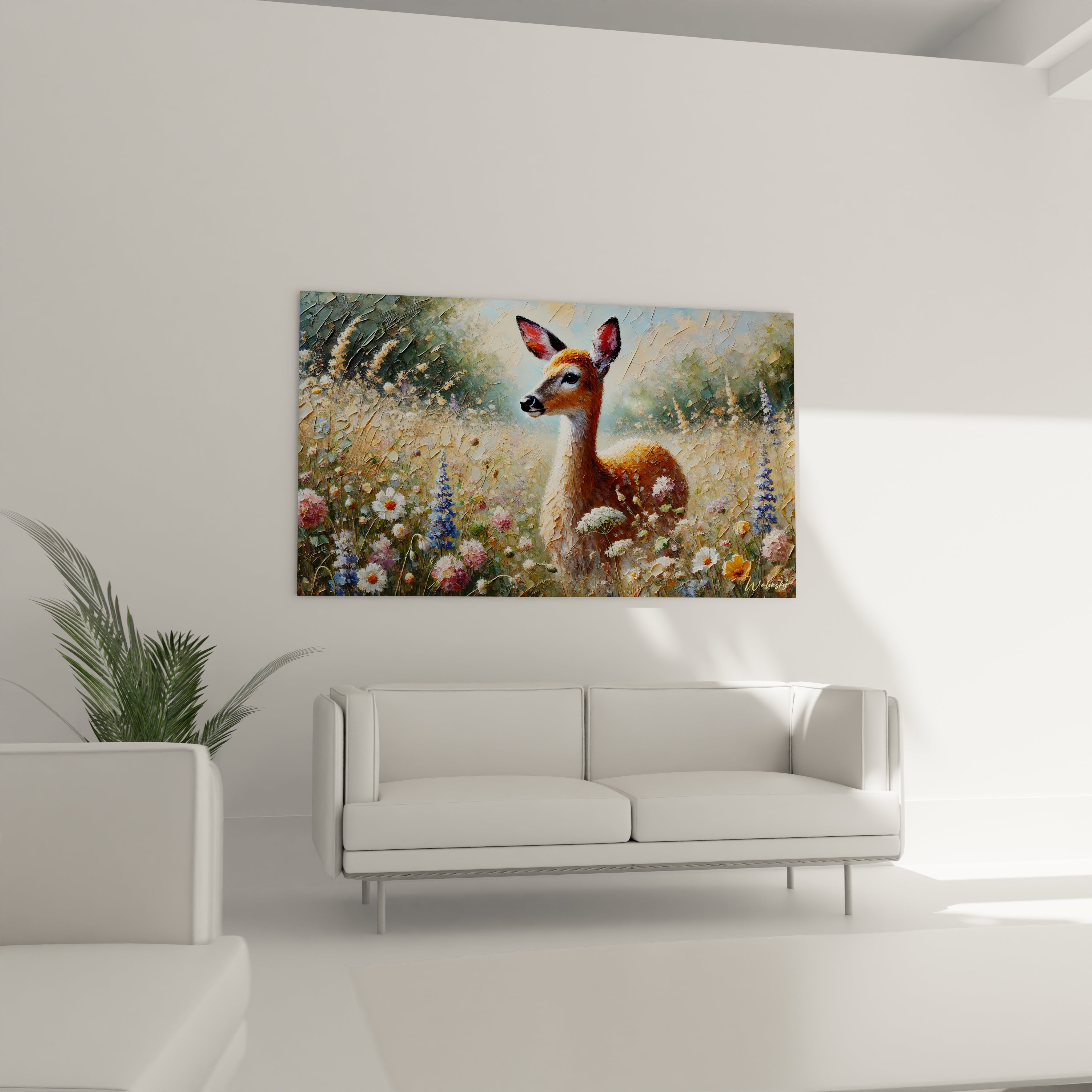 Dans le salon, ce tableau biche surplombe le canapé, ajoutant une dimension artistique. Les détails floraux et la palette douce créent une atmosphère accueillante et relaxante.