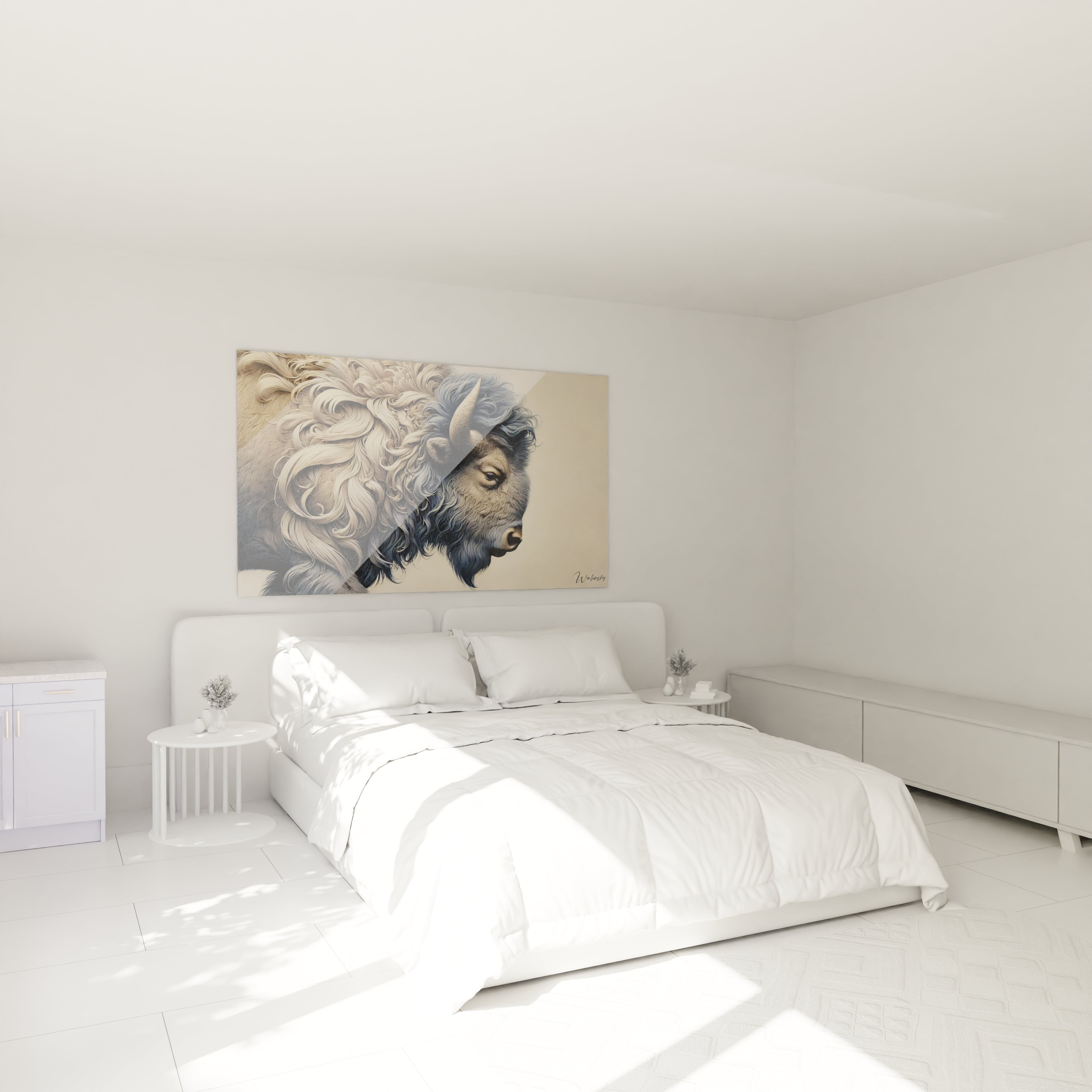 Sublimez votre chambre avec ce tableau bison majestueux au-dessus de votre lit. Une touche elegante qui marie realisme et abstraction pour un decor apaisant et puissant.