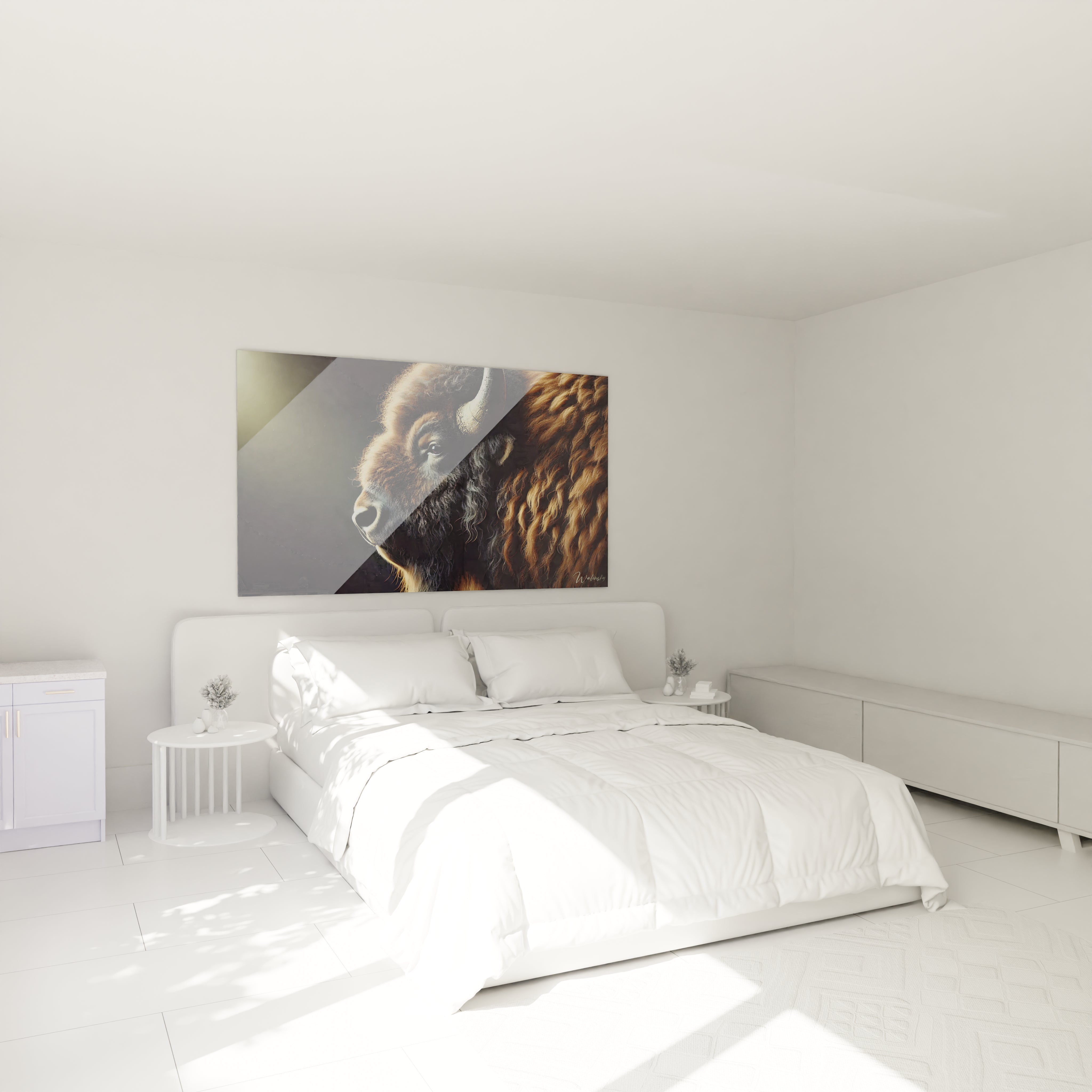 ce tableau bison au dessus du lit dans une chambre cree une atmosphere apaisante et sereine, avec des teintes marron et beiges qui apportent une touche naturelle et intemporelle a votre interieur