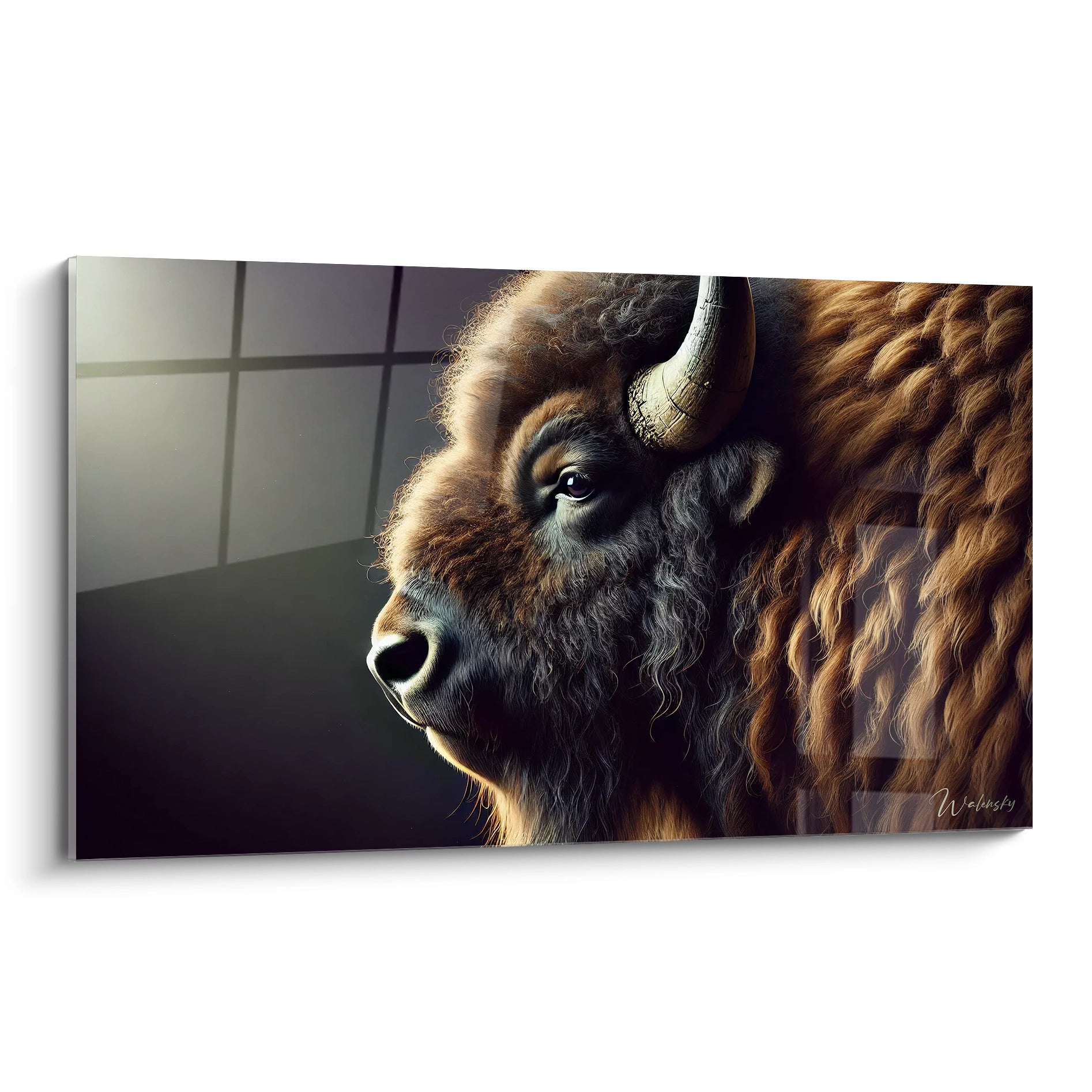 tableau bison puissant et majestueux capture chaque detail de cet animal sauvage dans un design realiste et minimaliste avec des nuances de marron et noir, ideal pour une deco nature authentique