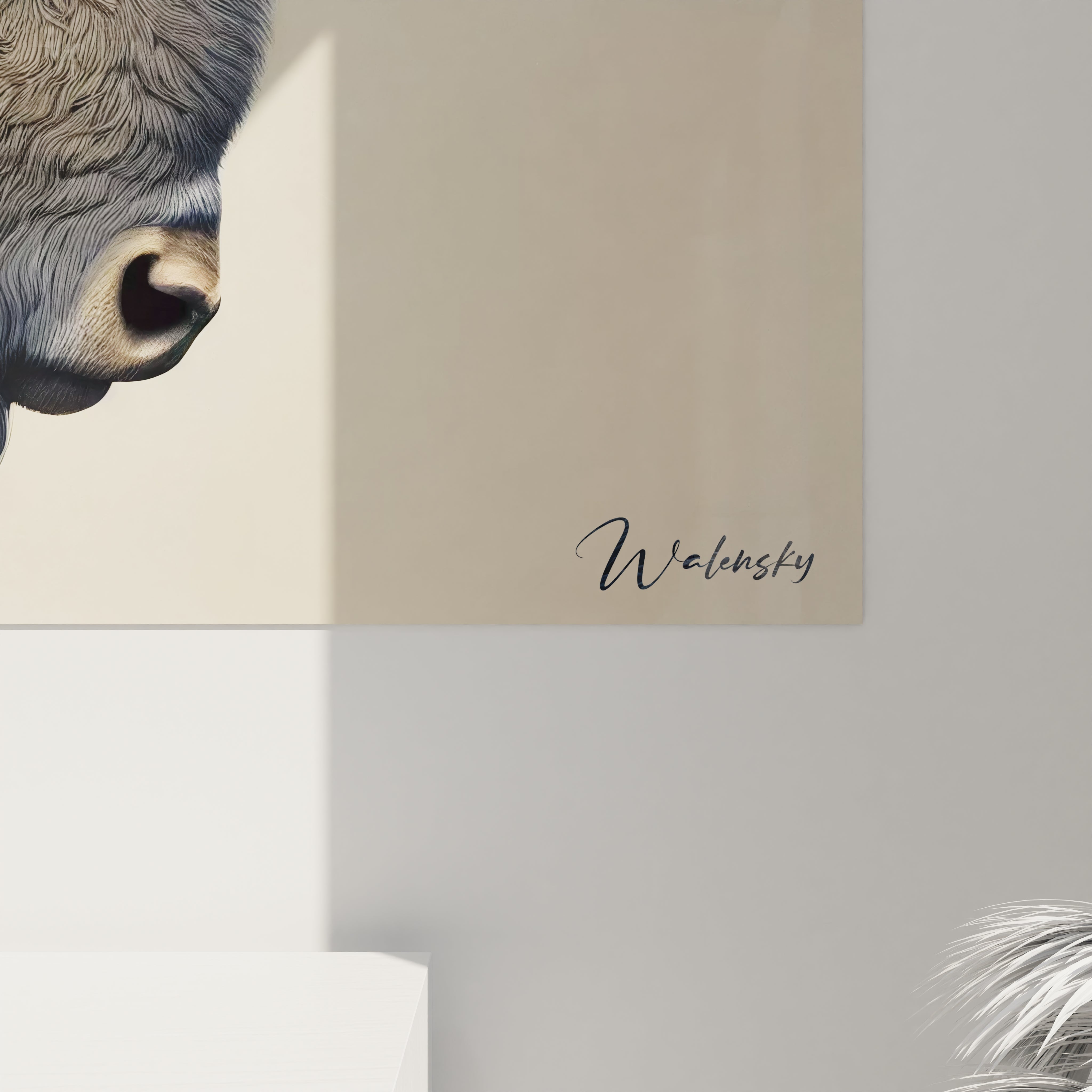 Vue de pres, chaque detail du tableau bison revele une texture riche et un mouvement subtil. Une œuvre qui evoque la puissance tranquille de cet animal et la beaute sauvage de la nature.