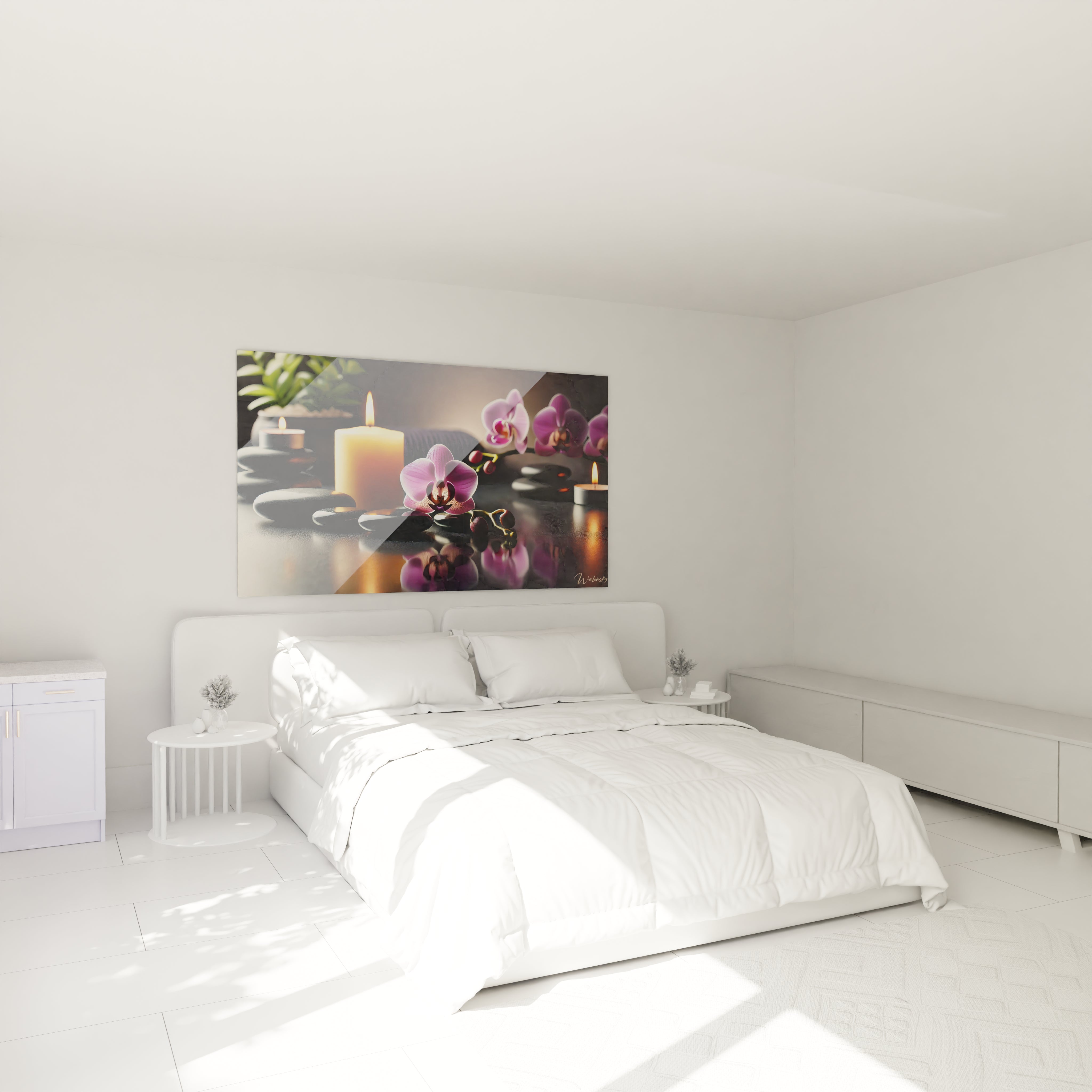 Dans une chambre, ce tableau bougie au-dessus du lit diffuse une lumière douce et une ambiance relaxante, parfaite pour un refuge de calme et d’harmonie.