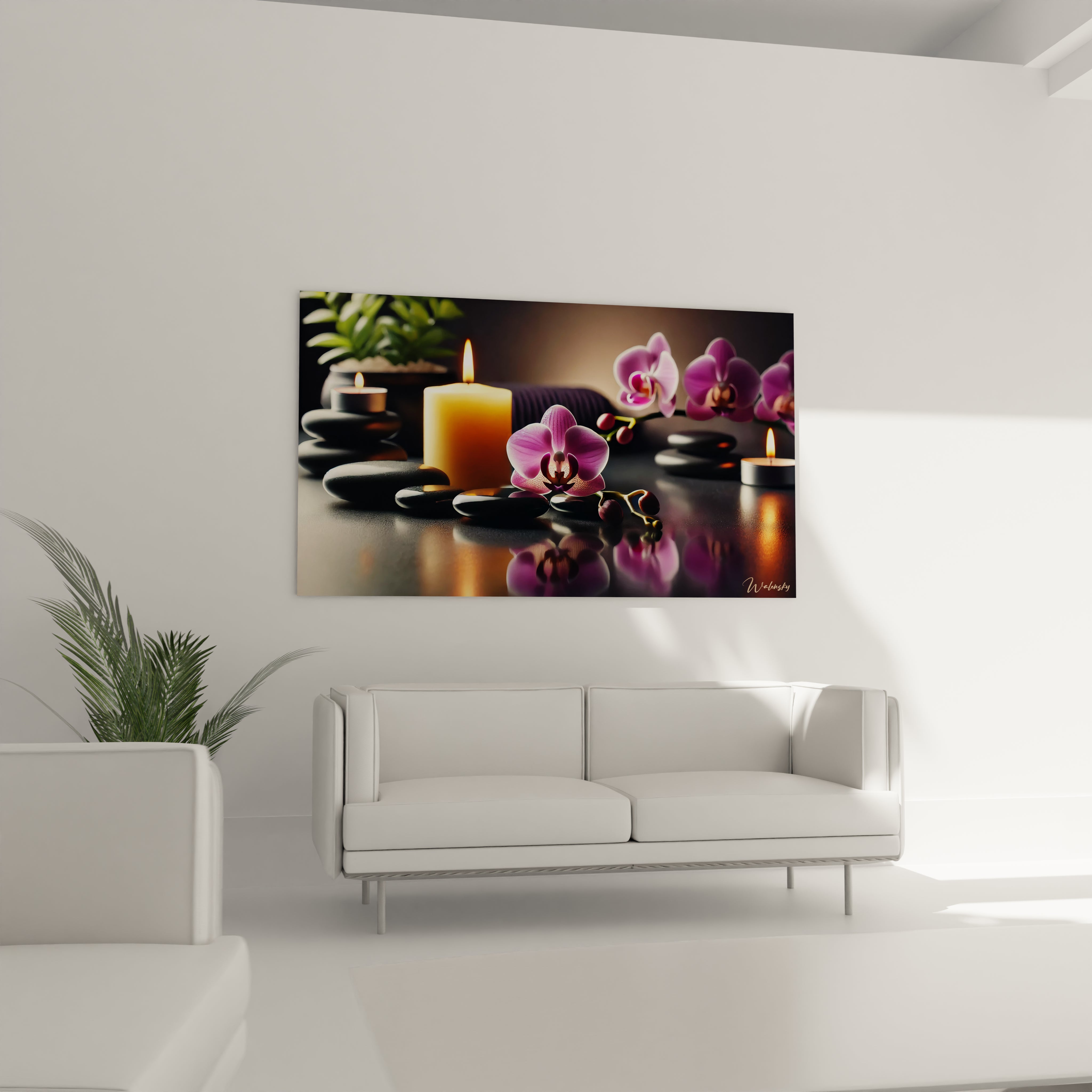 Accroché dans un salon, ce tableau bougie illumine l’espace avec sa chaleur apaisante et son style minimaliste, idéal pour une décoration contemporaine.