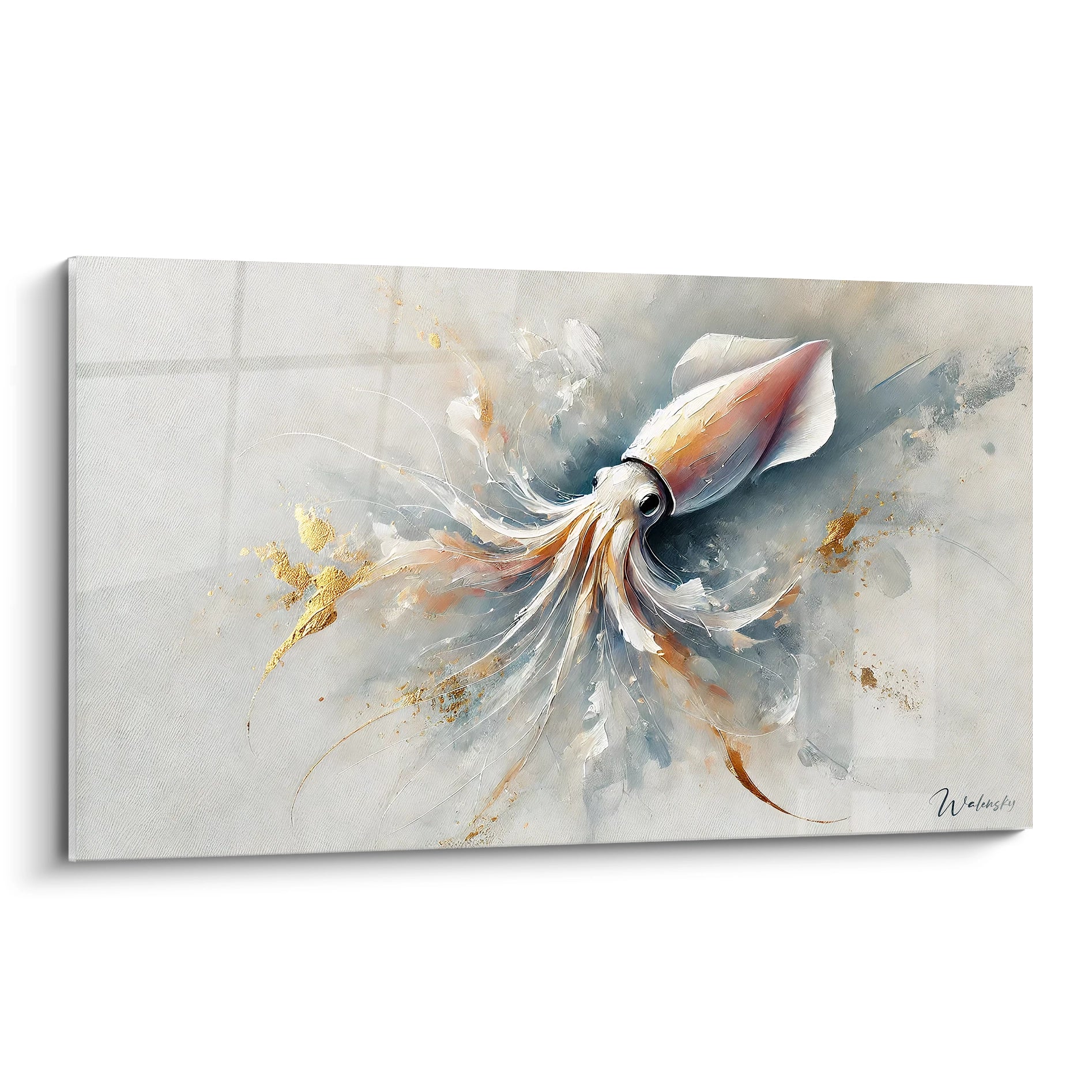 Ce tableau calamar geant se dévoile sous un angle original, mettant en valeur ses tentacules flottants et sa palette de couleurs apaisantes pour une ambiance sereine.