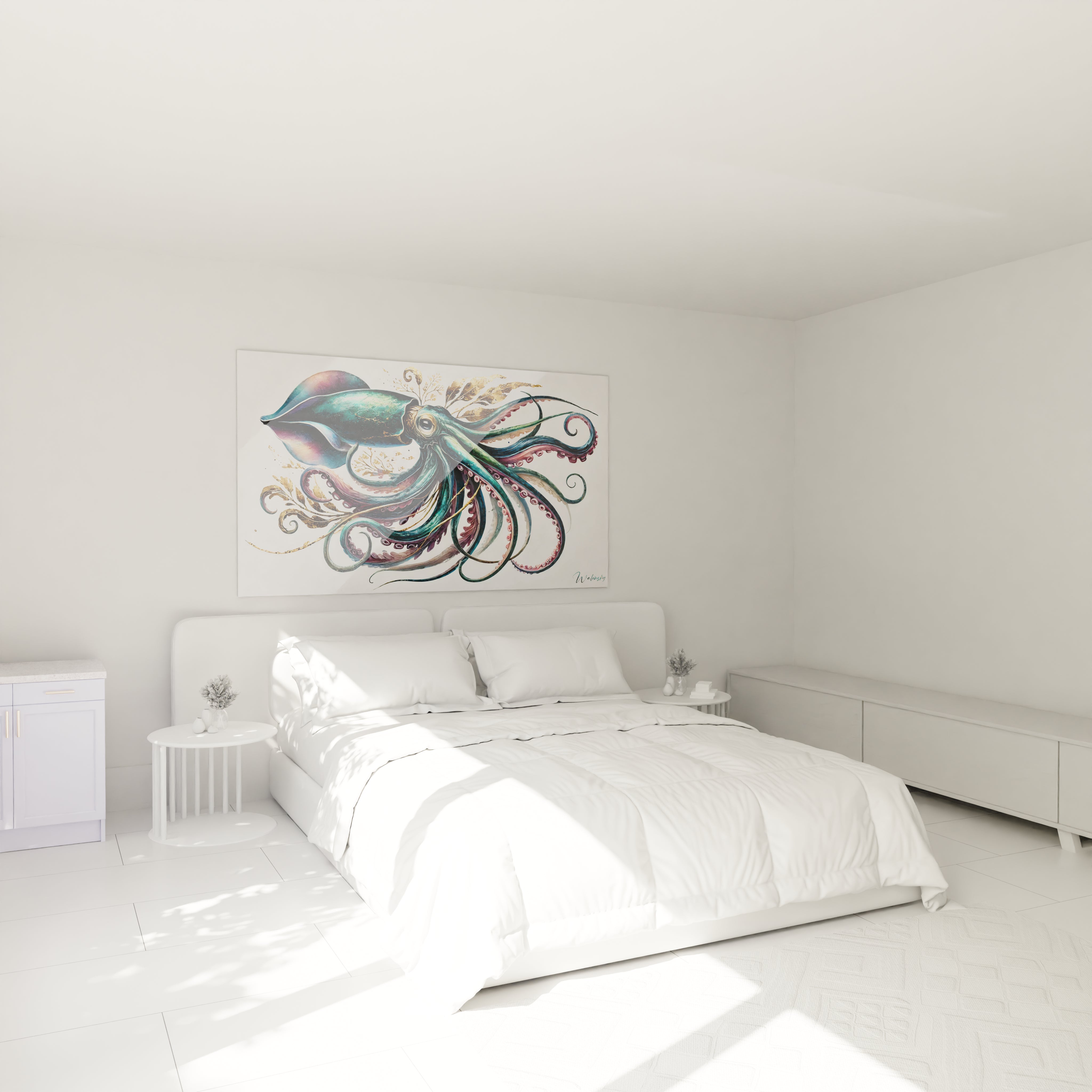 Admirez le tableau calamar geant dans une chambre, accroché au-dessus du lit, ajoutant une touche contemporaine et artistique à votre espace de repos.