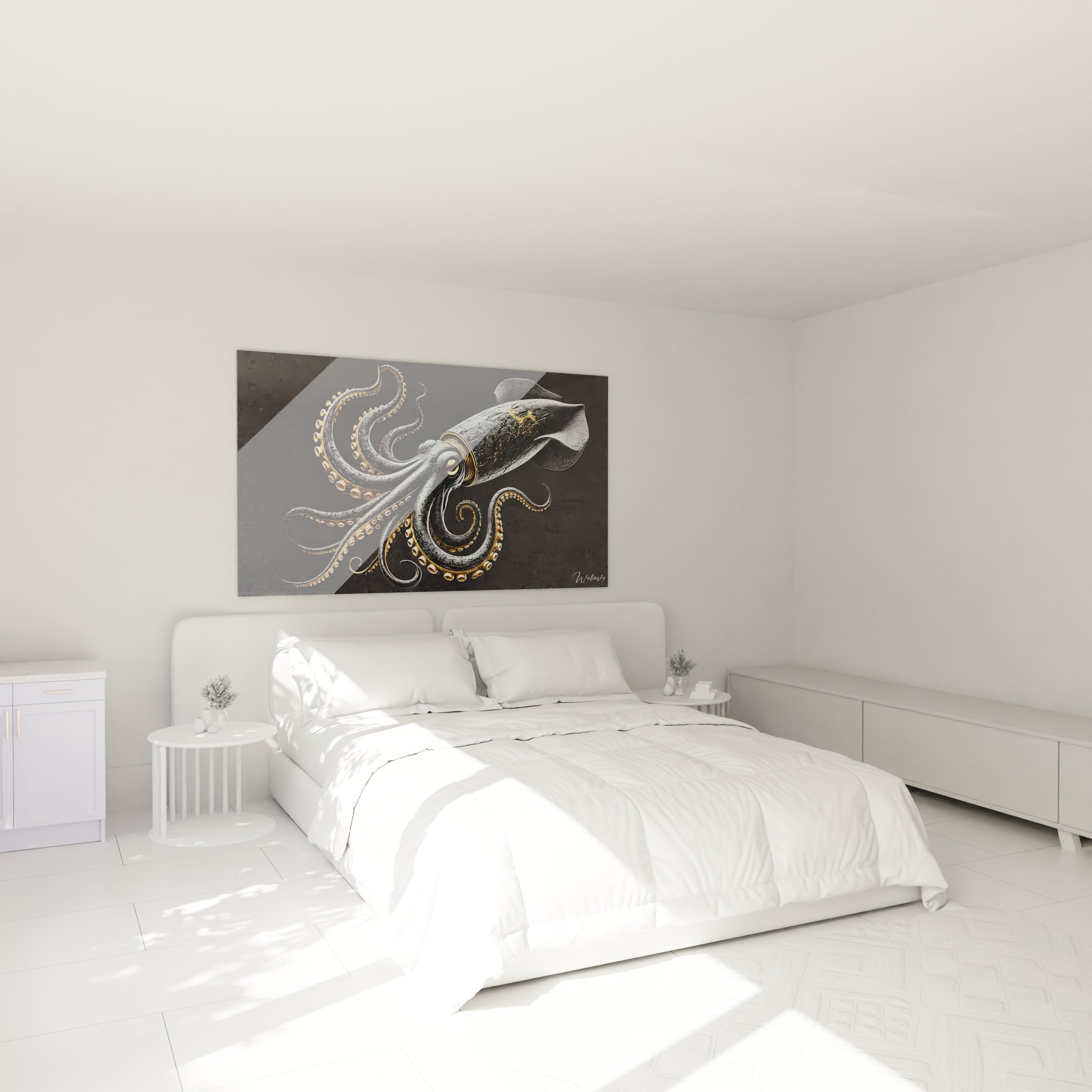 Transformez votre chambre avec ce tableau calamar geant accroché au-dessus du lit. Son design contemporain et ses nuances dorées créent une ambiance chic et fascinante.