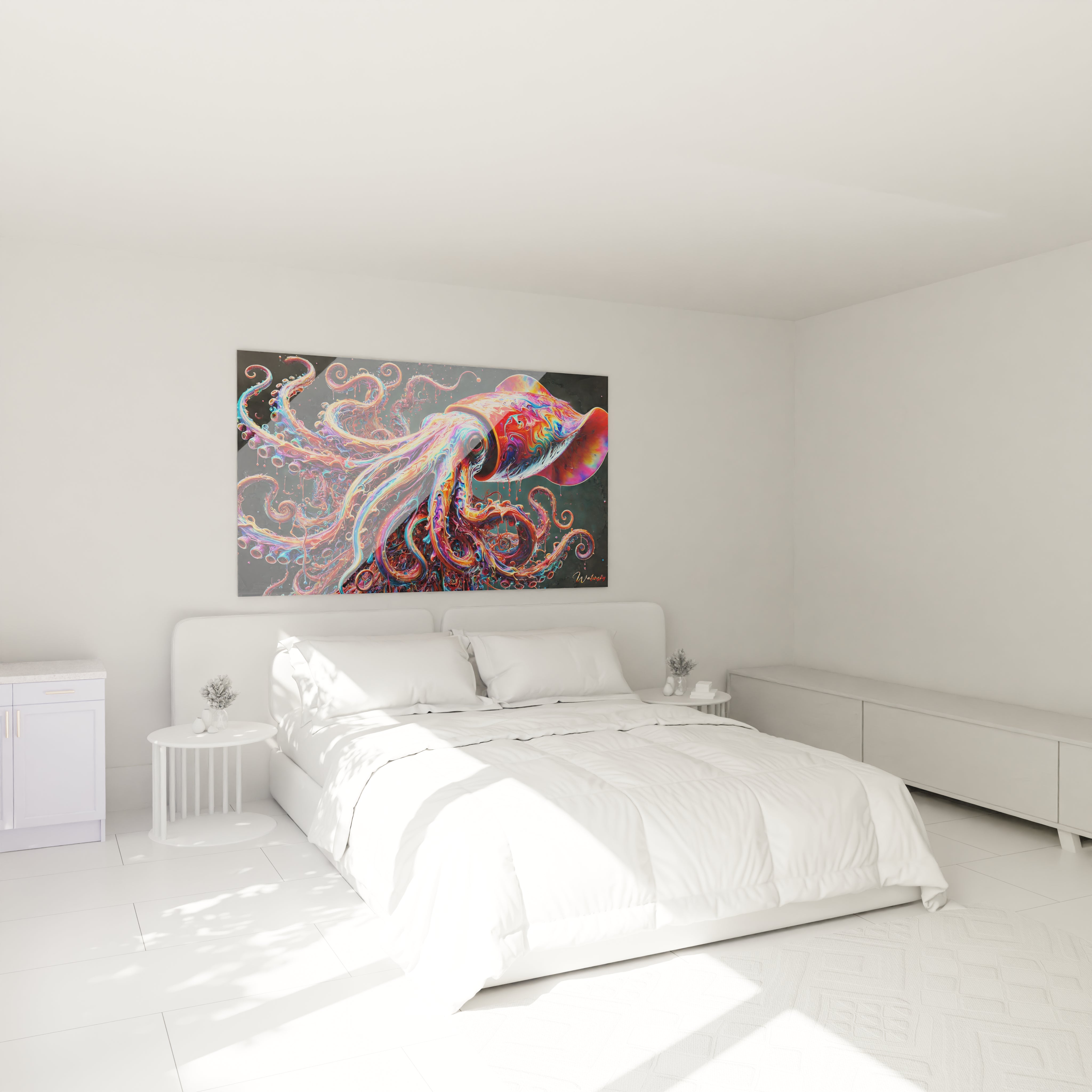 Accroché au-dessus du lit, ce tableau calamar geant apporte une touche artistique à votre chambre. Son style abstrait et ses couleurs vives transforment l'espace en un havre créatif.
