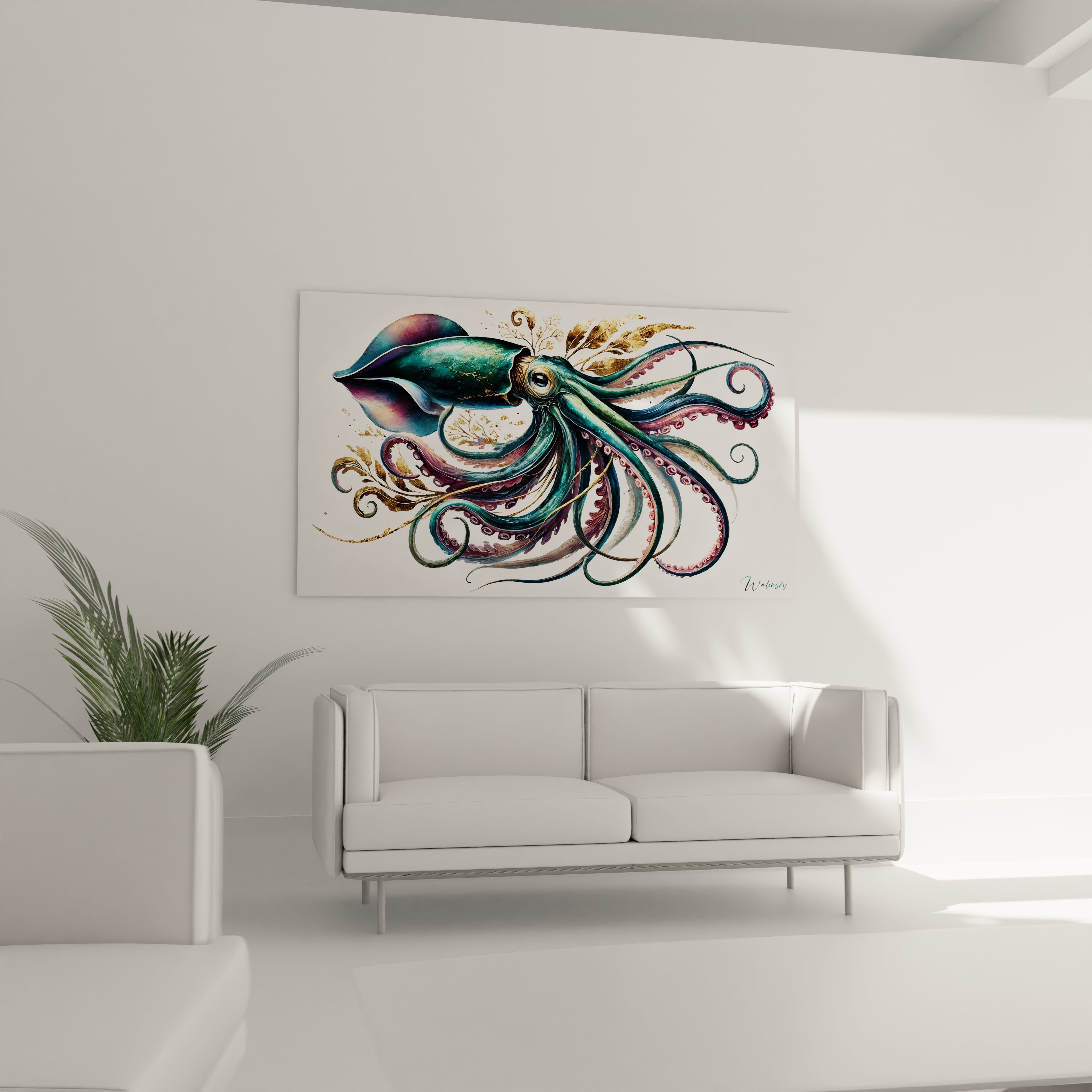 Le tableau calamar geant illumine votre salon, placé au-dessus du canapé, apportant une atmosphère dynamique et moderne à votre décoration intérieure.