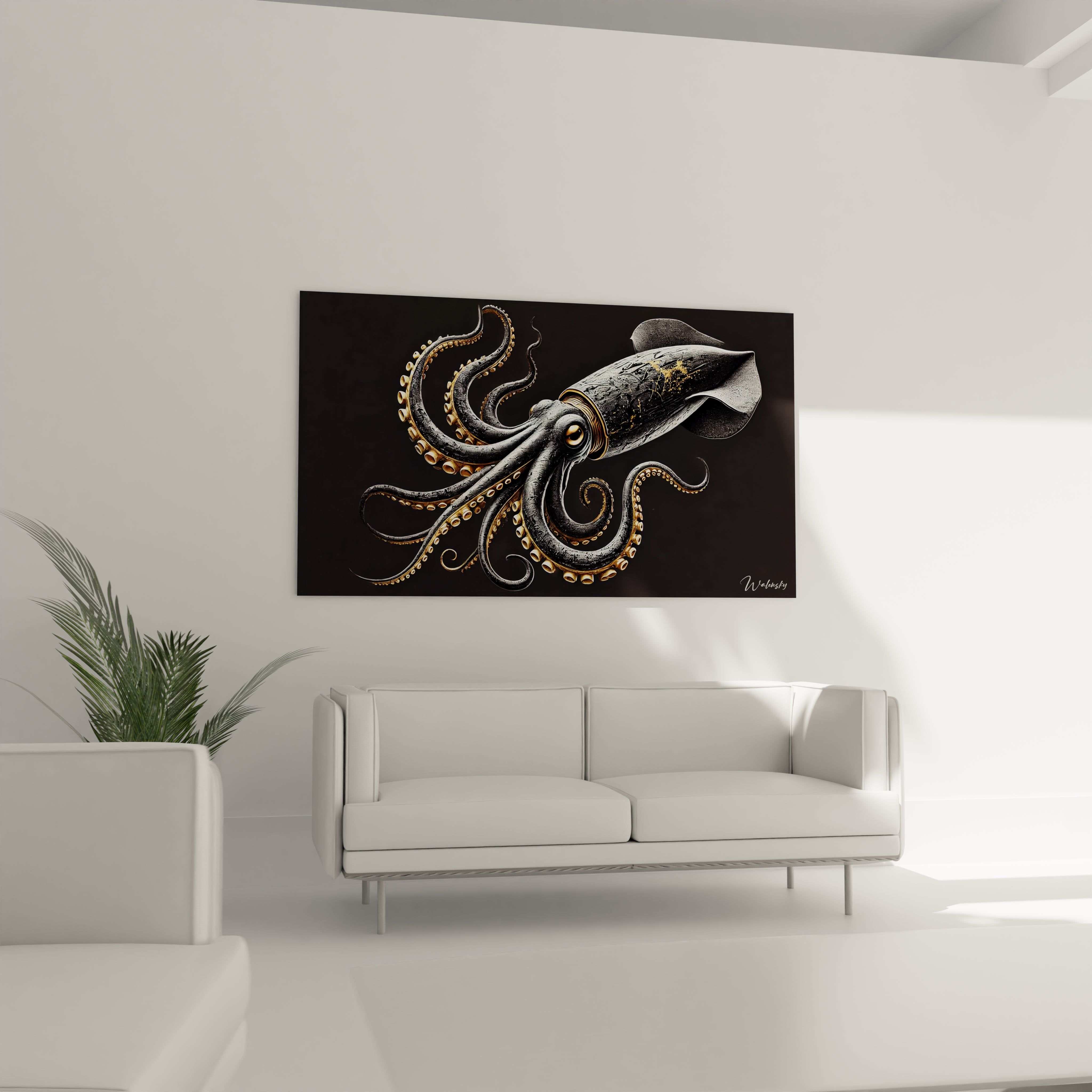 Ce tableau calamar geant embellit votre salon en étant accroché au-dessus du canapé. L'œuvre allie modernité et sophistication, parfaite pour toute pièce de vie.