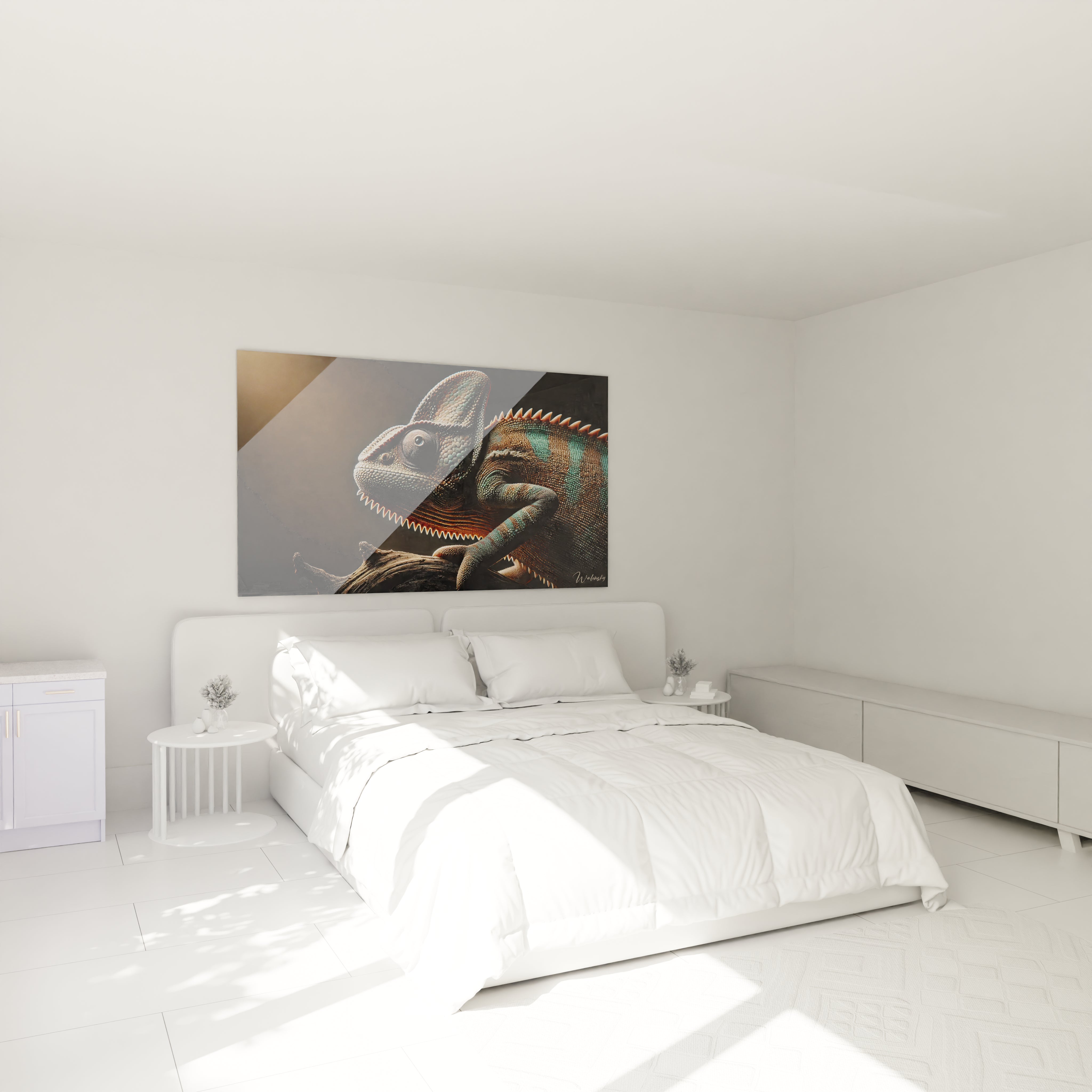 tableau caméléon dans une chambre : Transformez votre chambre avec ce tableau caméléon au-dessus du lit. Son fond sombre et ses couleurs vives apportent une touche de mystère et de profondeur.