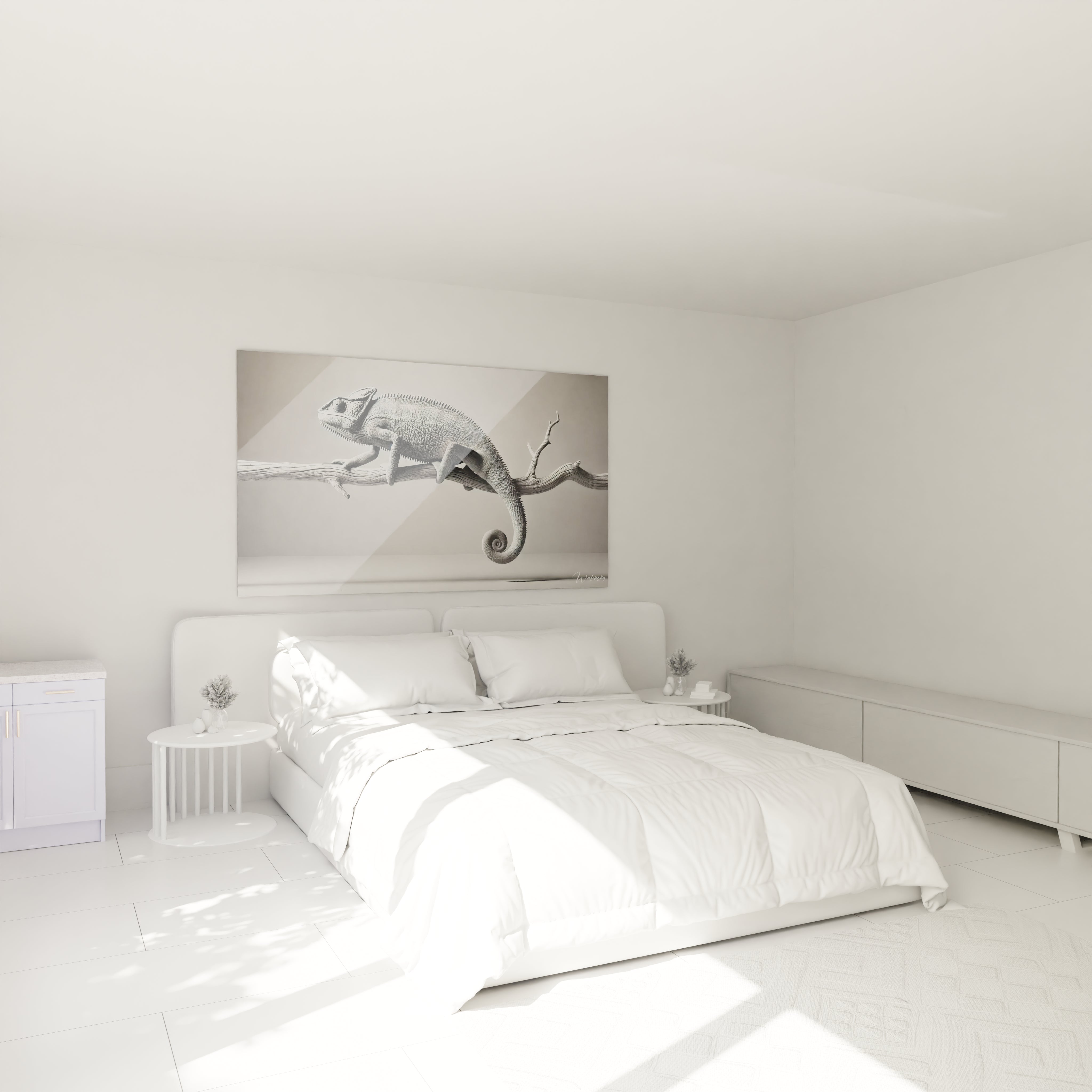 tableau caméléon au-dessus du lit ajoutant une touche de sophistication dans cette chambre ambiance calme et contemporaine le contraste subtil du caméléon renforce une décoration intérieure apaisante