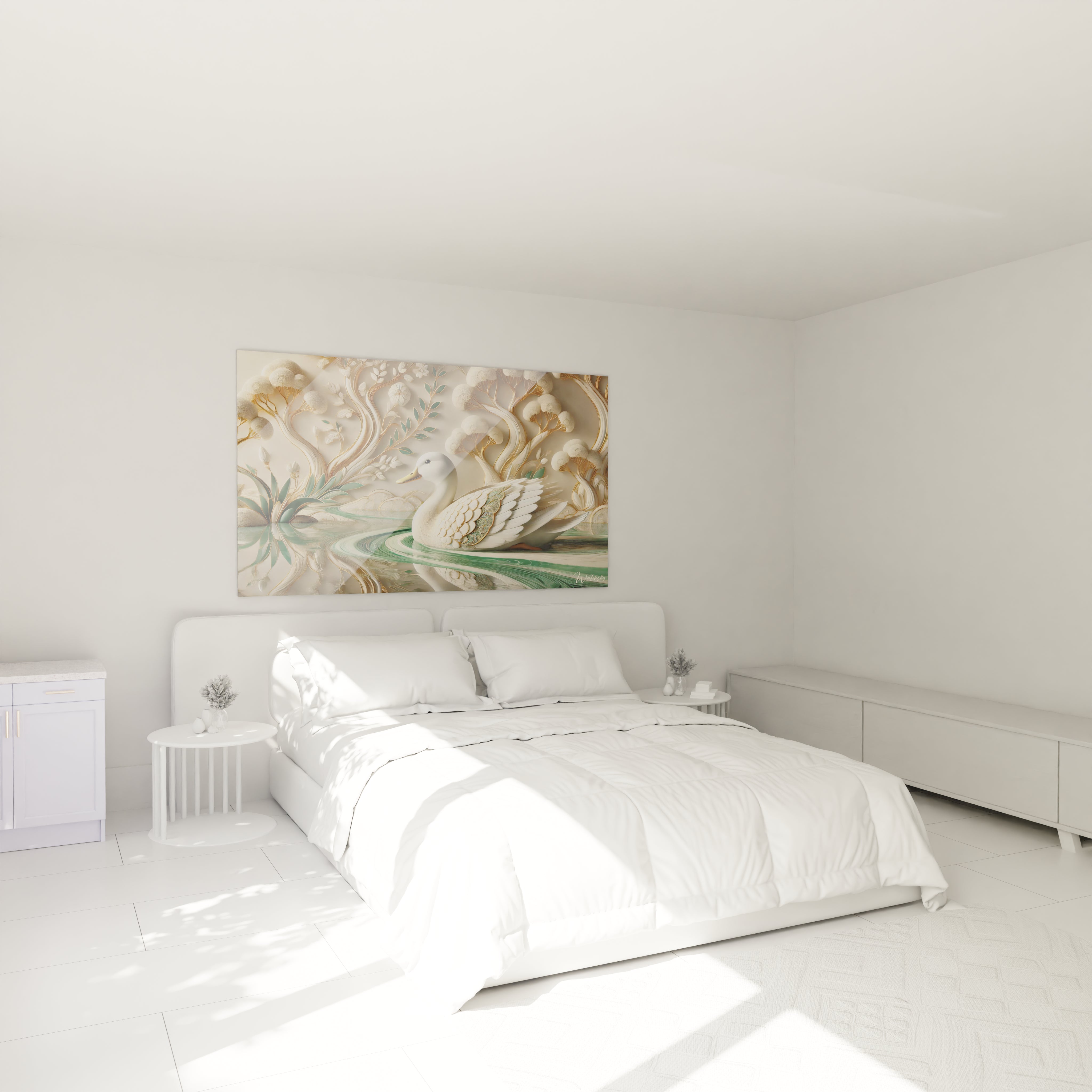 Tableau canard suspendu au-dessus du lit dans une chambre cree une ambiance apaisante grace aux tons beiges et verts qui evoquent la nature et invitent a la contemplation sereine