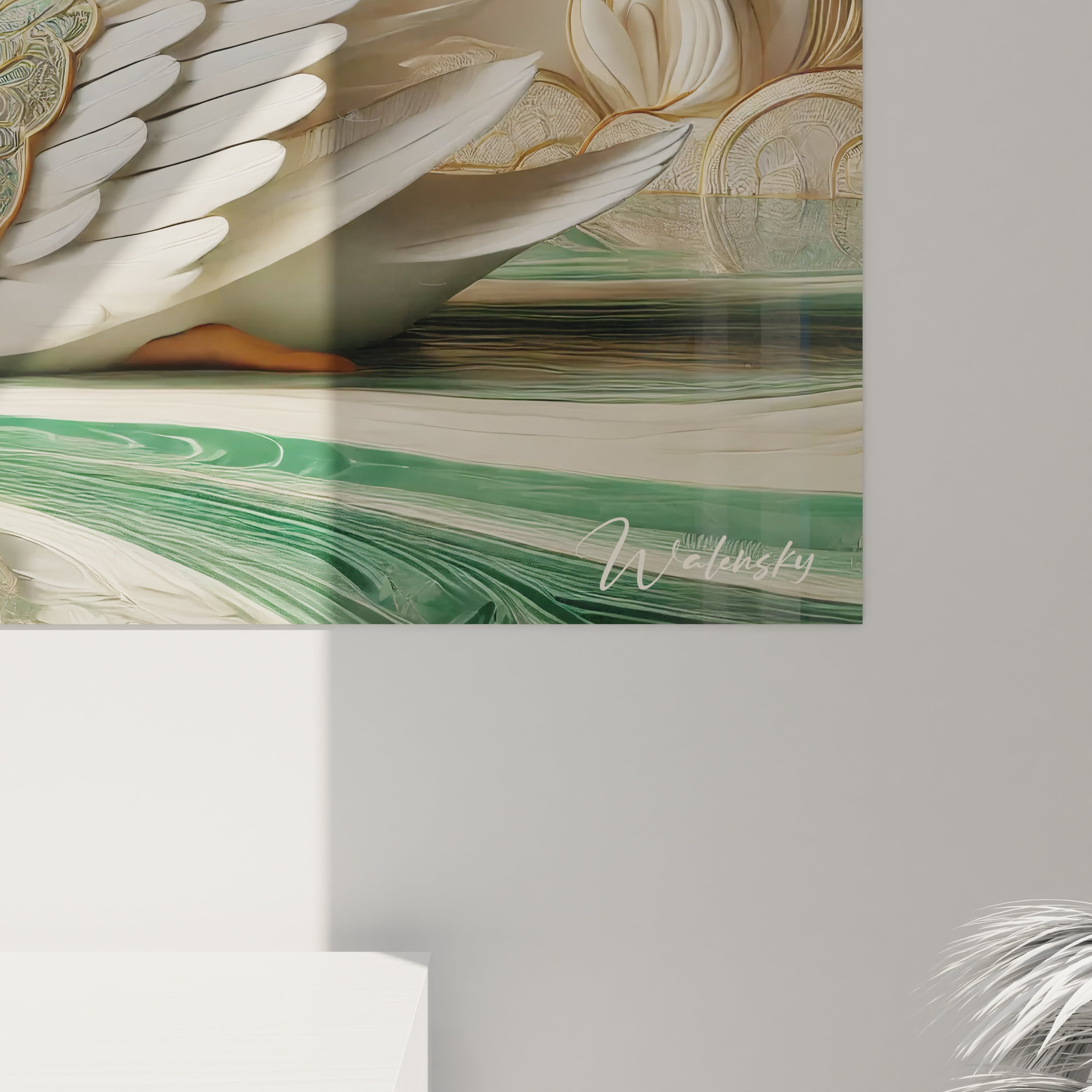 Vue de pres de ce tableau canard ou chaque detail de plumage et reflet est minutieusement travaille pour un rendu poetique et realiste parfait pour les amoureux de nature