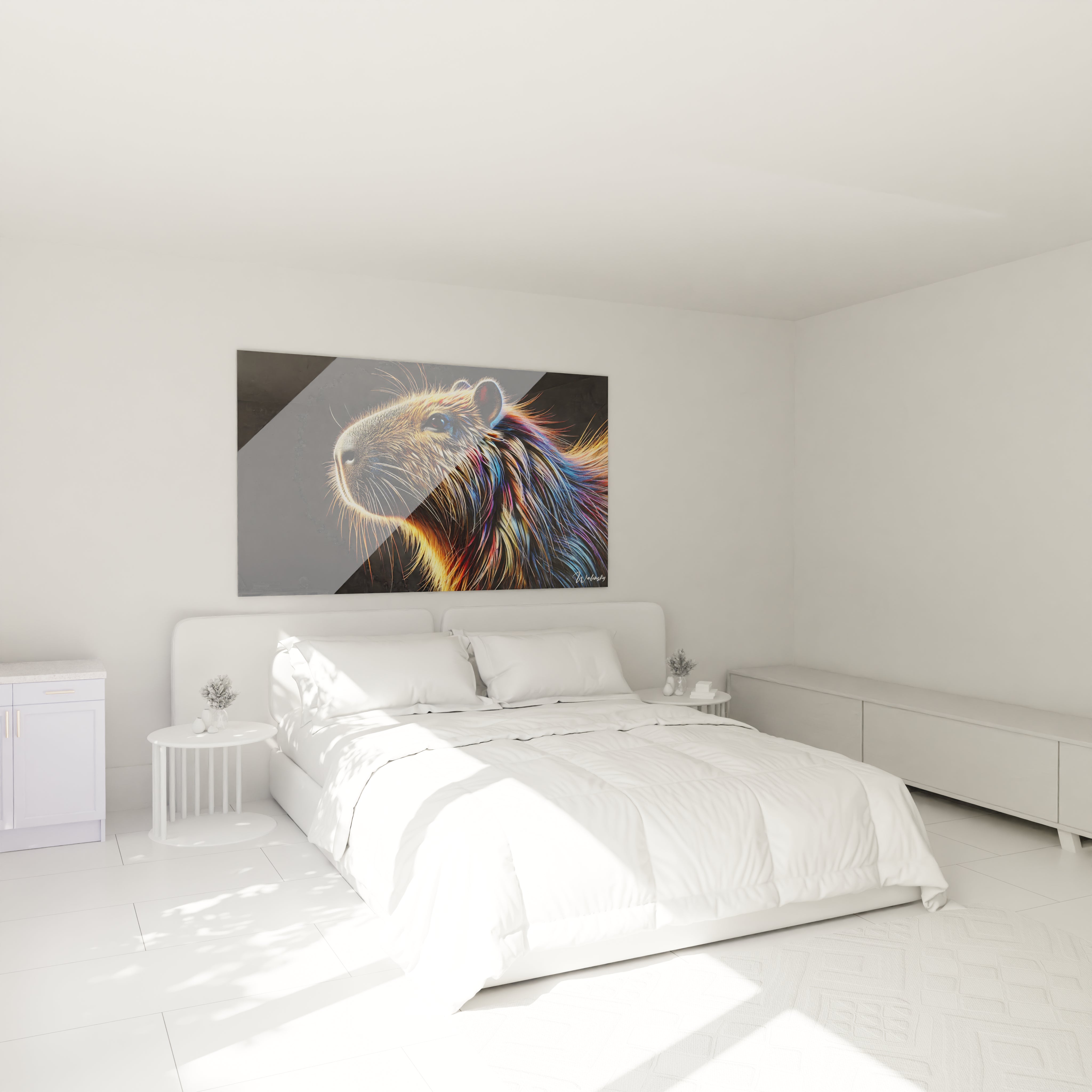 Accroché au-dessus du lit, ce tableau capybara apporte une sérénité éclatante à la chambre. Les couleurs lumineuses et le style contemporain magnifient l'animal, créant une ambiance apaisante.
