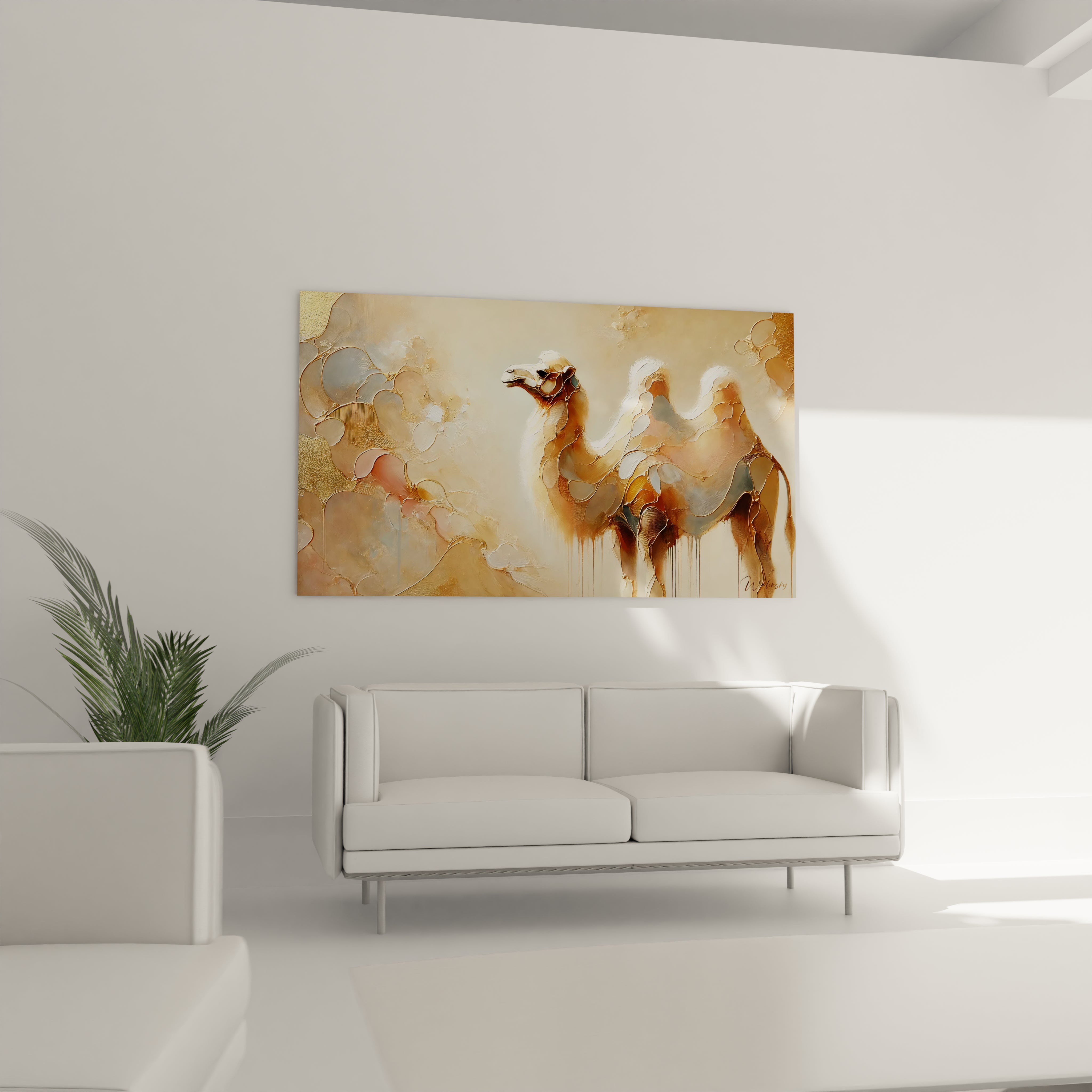 Le tableau chameau au dessus du canape sublime ce salon avec sa representation abstraite Les courbes fluides et les tons dorés apportent chaleur et serenite a votre interieur
