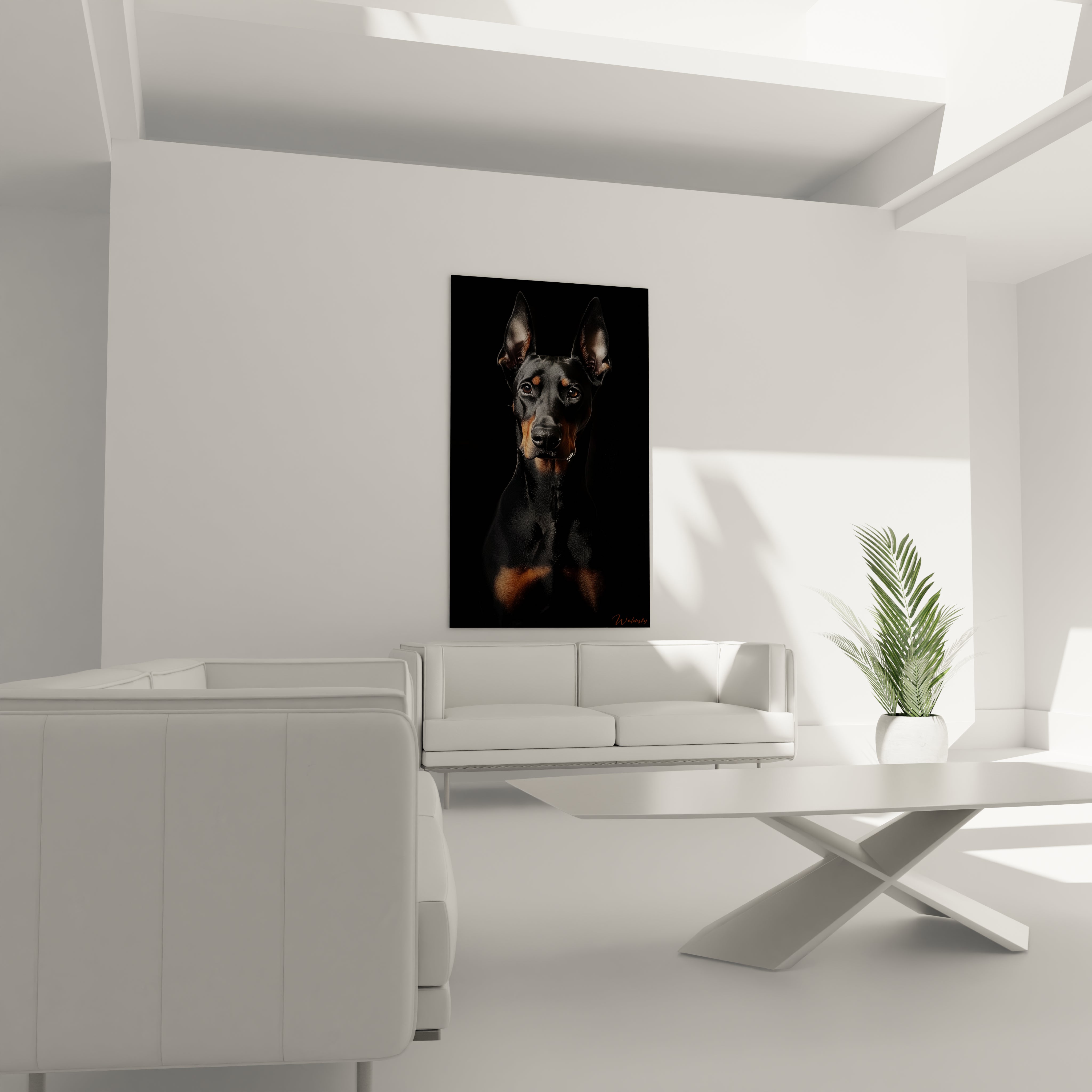 Un tableau Doberman montrant un gros plan facial avec expressions détaillées et oreilles alertes. Contraste saisissant entre le noir dominant du pelage et les touches chaudes marron-bronze sur le museau. Texture réaliste des poils et reflets subtils sur les contours.