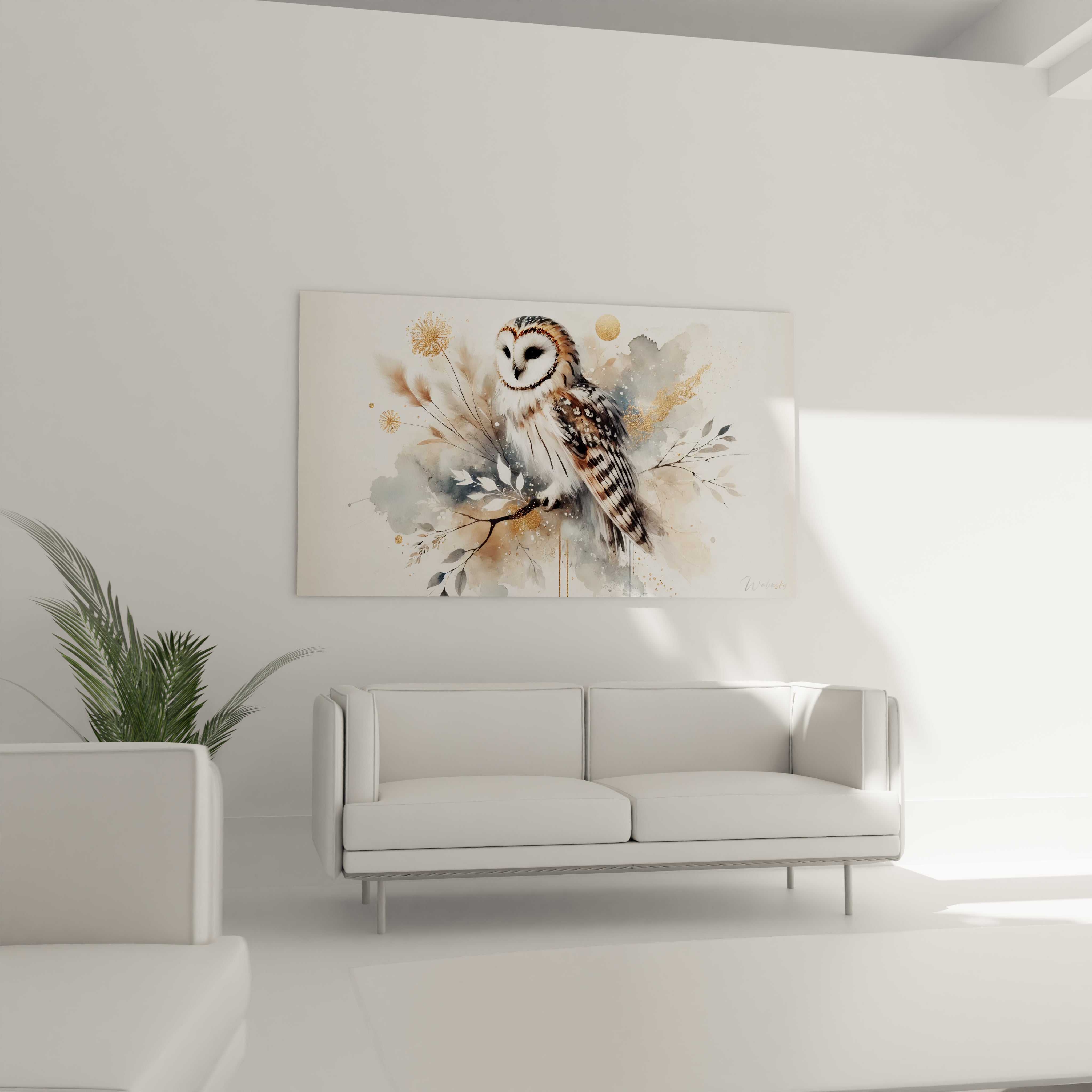 Tableau chouette raffine pour salon, representation realiste et abstraite de la chouette perchee. Ambiance poetique avec touches d'or et nuances douces.
