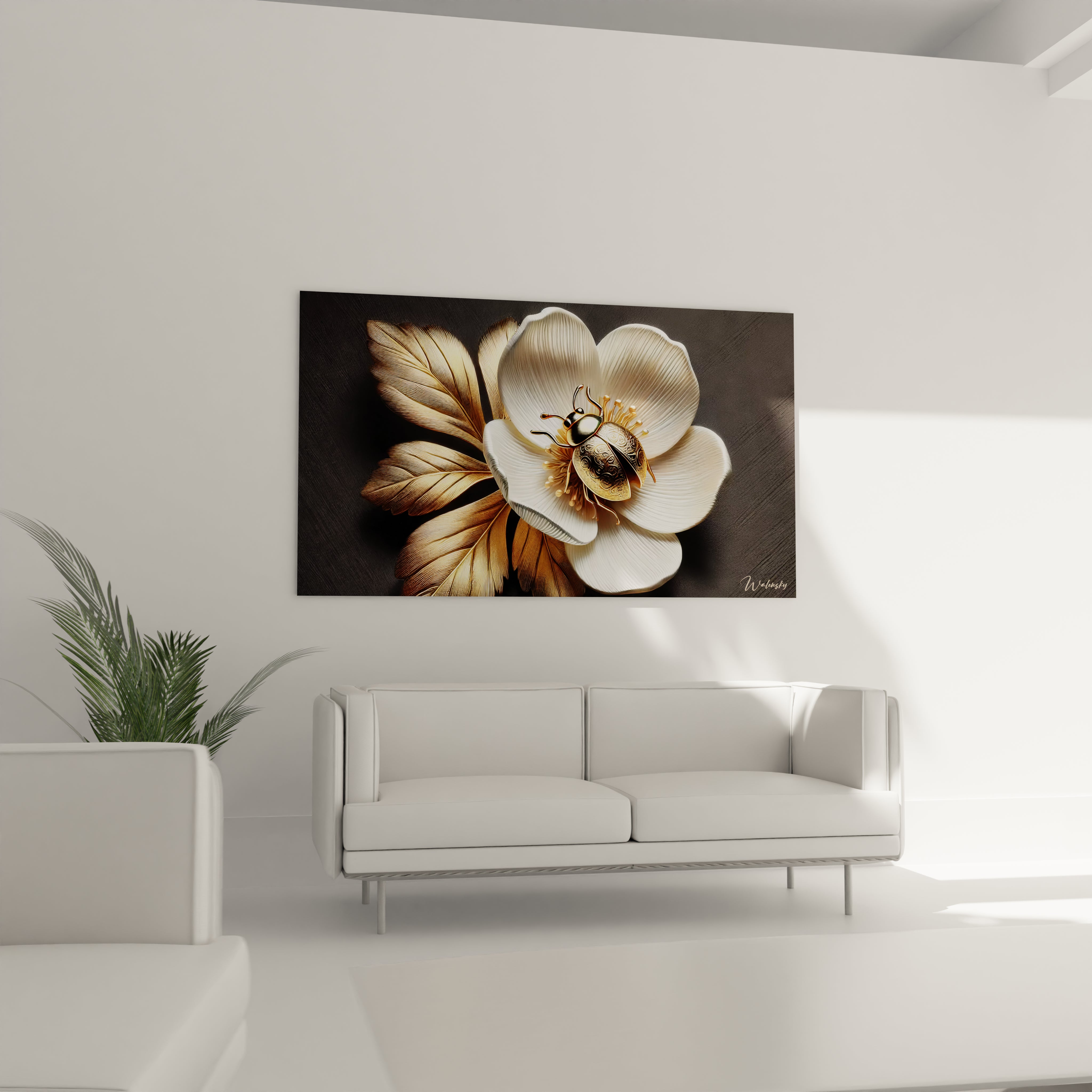 tableau coccinelle suspendu au dessus du canape dans un salon ajoute un charme elegant contraste des textures et des couleurs raffinees ideal pour un interieur contemporain et sophistique