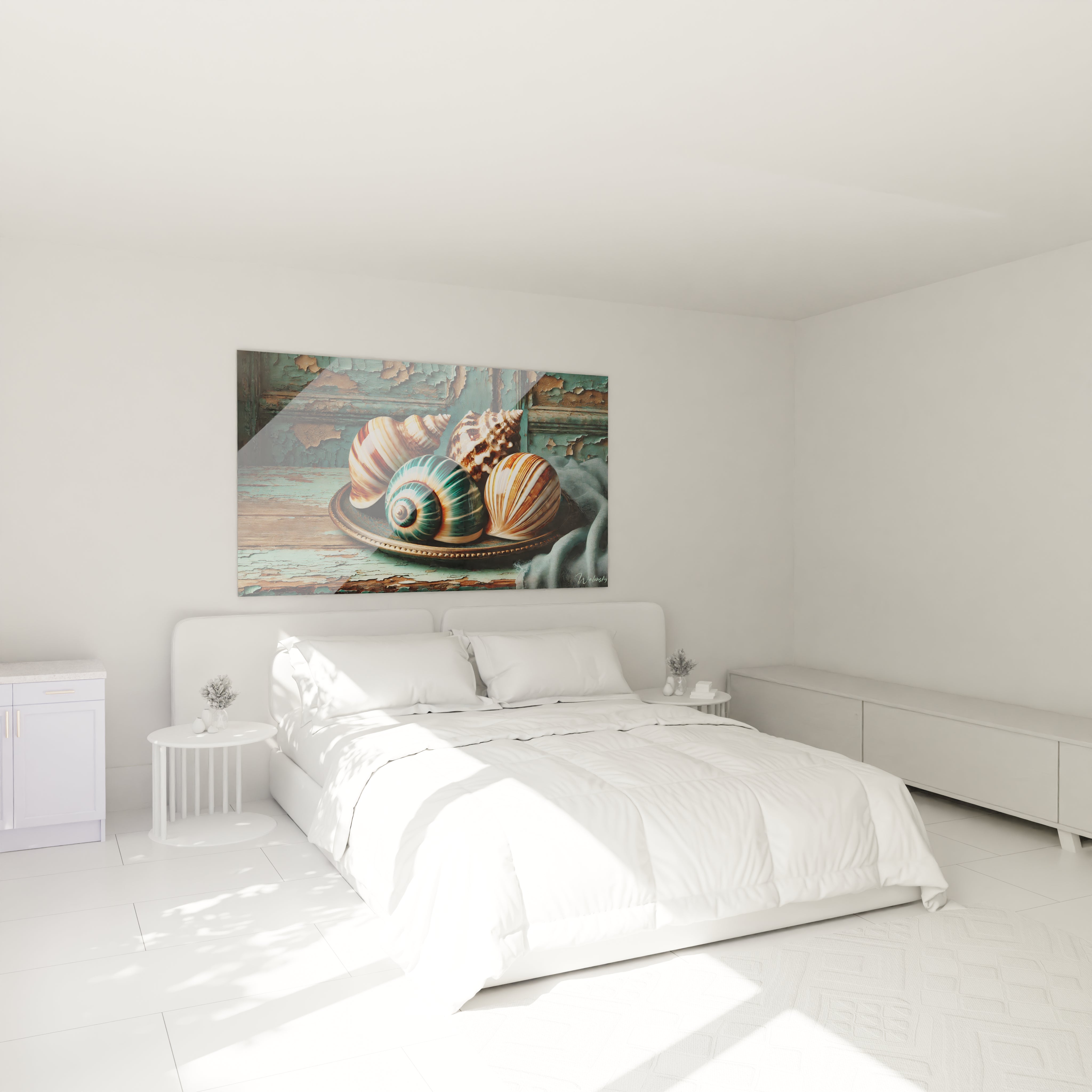 Dans une chambre au dessus du lit : Sublimez votre chambre avec ce tableau Coquillage au charme rustique. Accroche au-dessus du lit, il ajoute une touche de quietude et de nostalgie inspiree par la mer.
