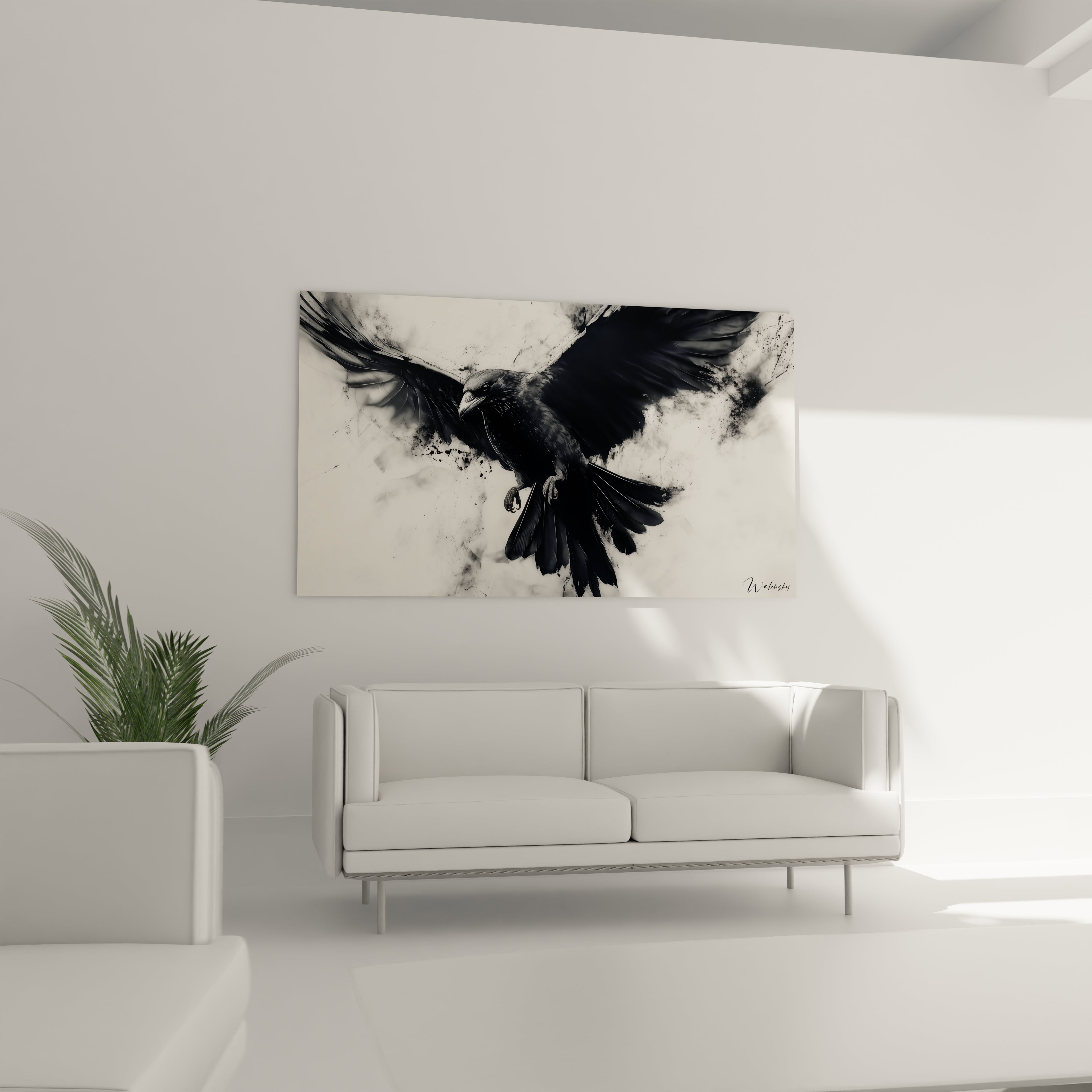 Un tableau artistique représentant un corbeau aux ailes étendues sur fond blanc texturé. Les tons noir, blanc et gris dominent la composition, avec un rendu réaliste du plumage et des effets d'éclaboussure créant une dimension éthérée.