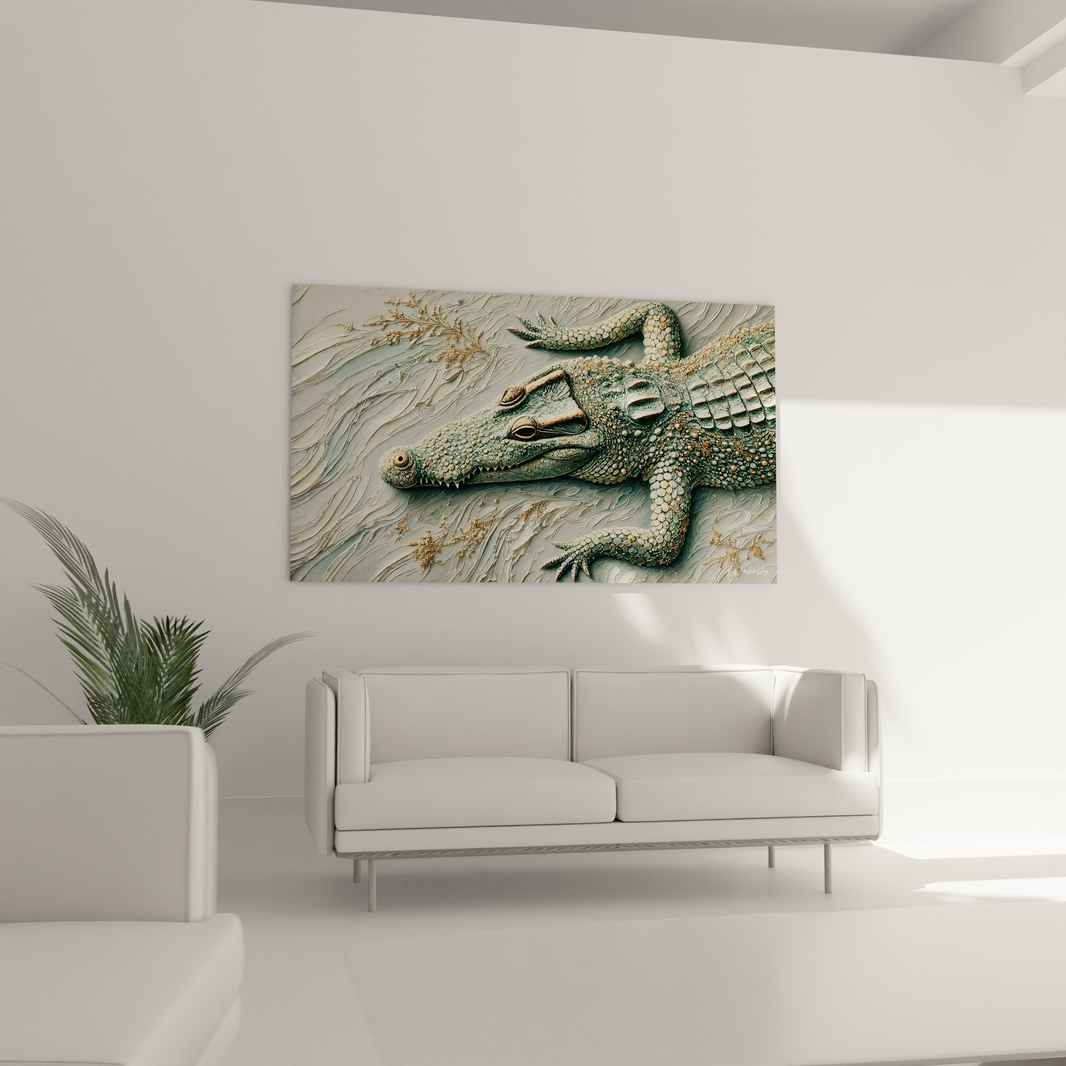Ce tableau crocodile dans votre salon apporte une presence imposante et moderne au-dessus du canapé. Les motifs organiques et les details en relief ajoutent profondeur et charme.