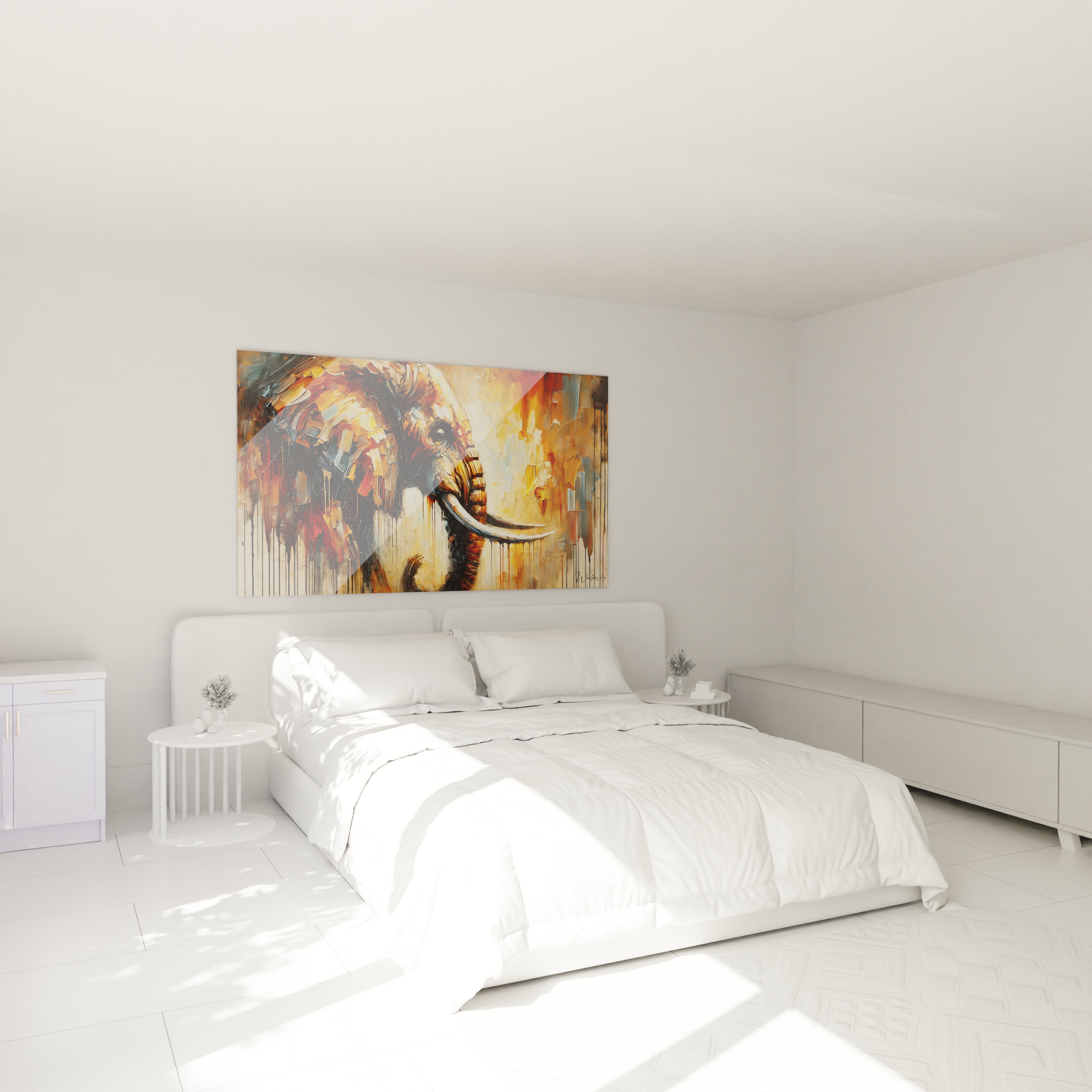 Suspendu au-dessus du lit dans cette chambre, ce tableau elephant ajoute une touche de chaleur et de mystère à la décoration. Sa palette de couleurs chaudes transforme l'espace en un lieu accueillant et vibrant.