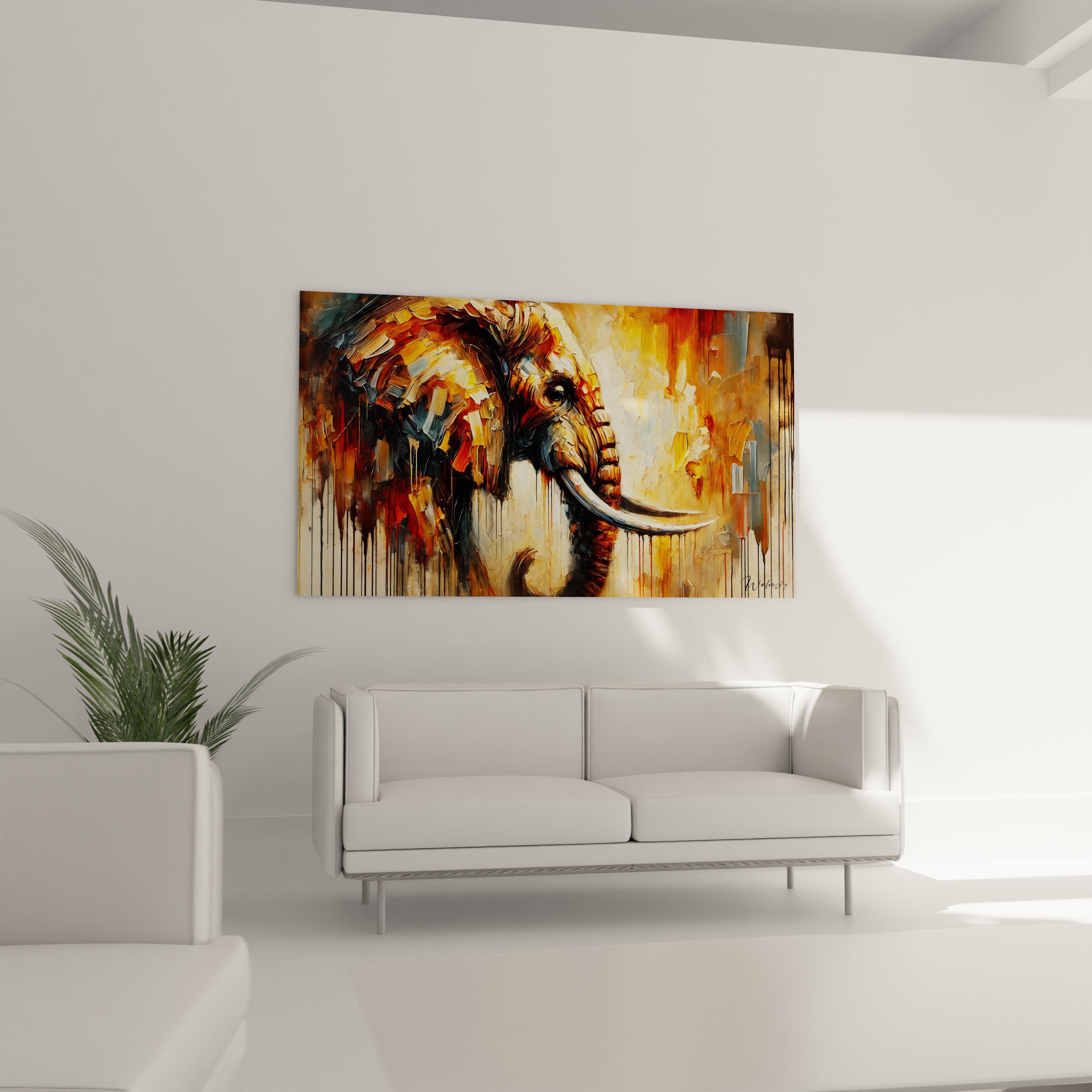 Accroché au-dessus du canapé dans le salon, ce tableau elephant apporte une energie unique à la pièce. La présence majestueuse de l’animal et ses couleurs dynamiques créent un point focal captivant.