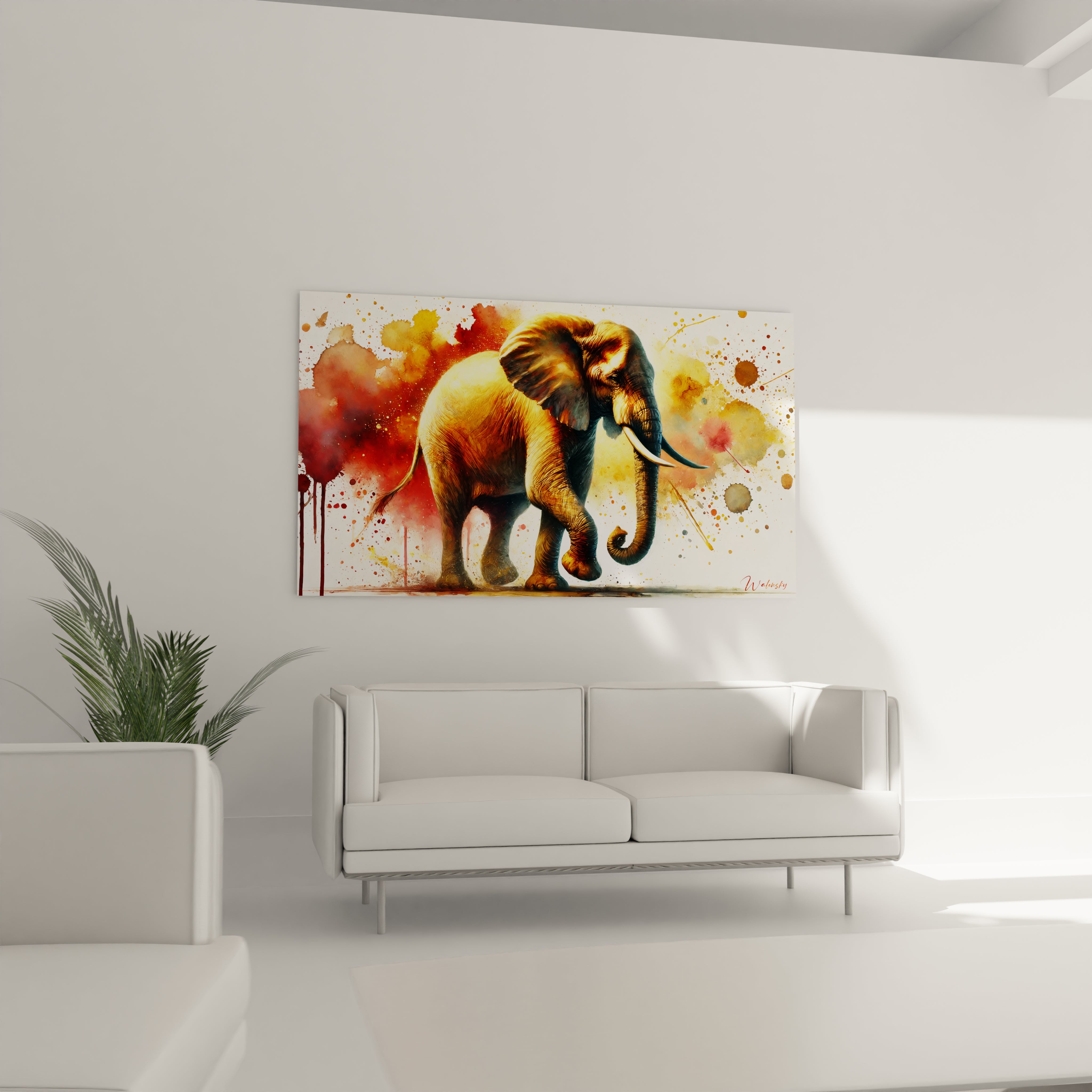 Ce tableau elephant illumine votre salon au-dessus du canapé, ajoutant une touche contemporaine avec ses éclaboussures de couleur rouge et orange, capturant la majesté de cet animal fascinant.