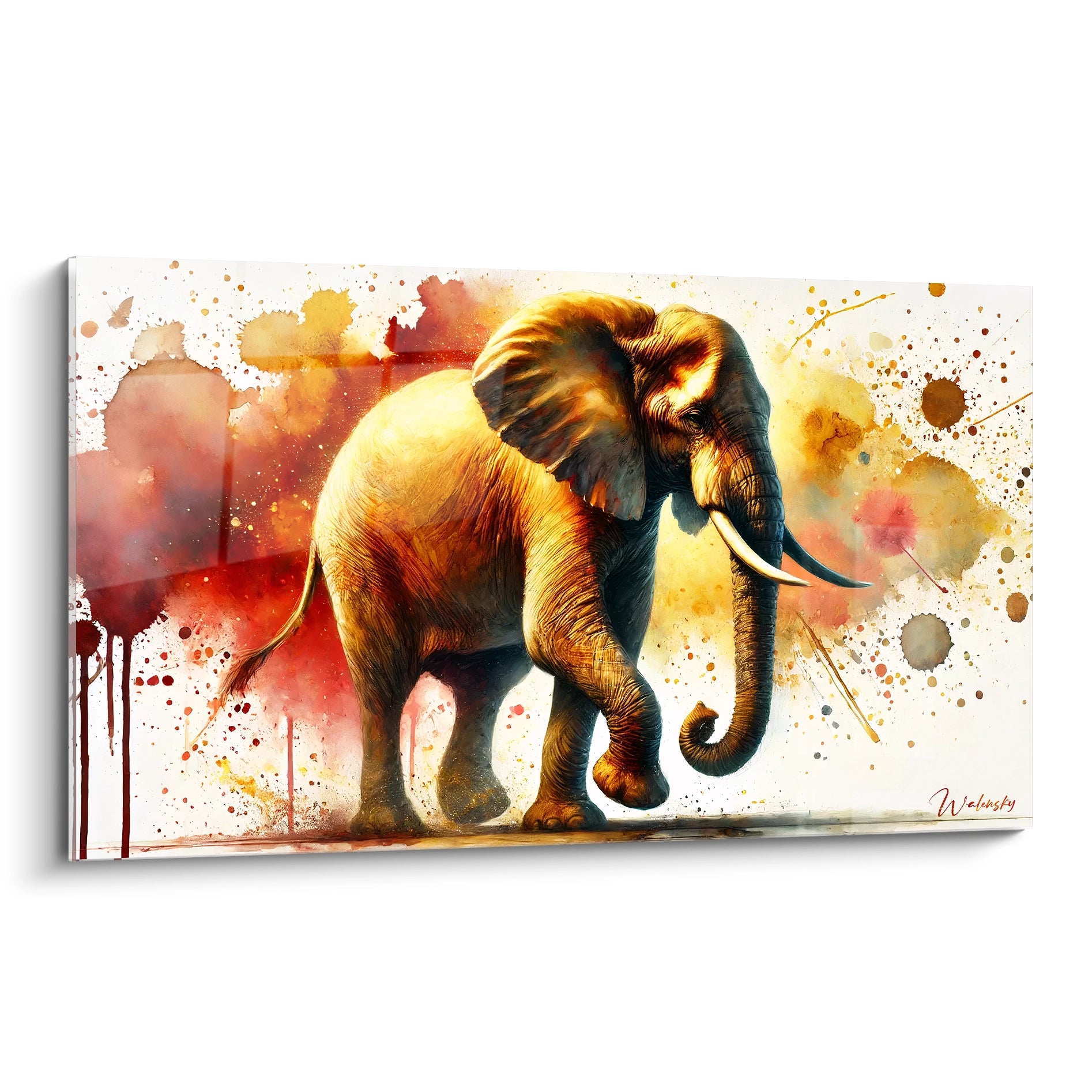 Ce tableau elephant en vue de biais met en valeur la force majestueuse de l’animal. Les éclaboussures de couleur dynamisent la composition, créant un contraste saisissant avec l’abstraction de l’arrière-plan.
