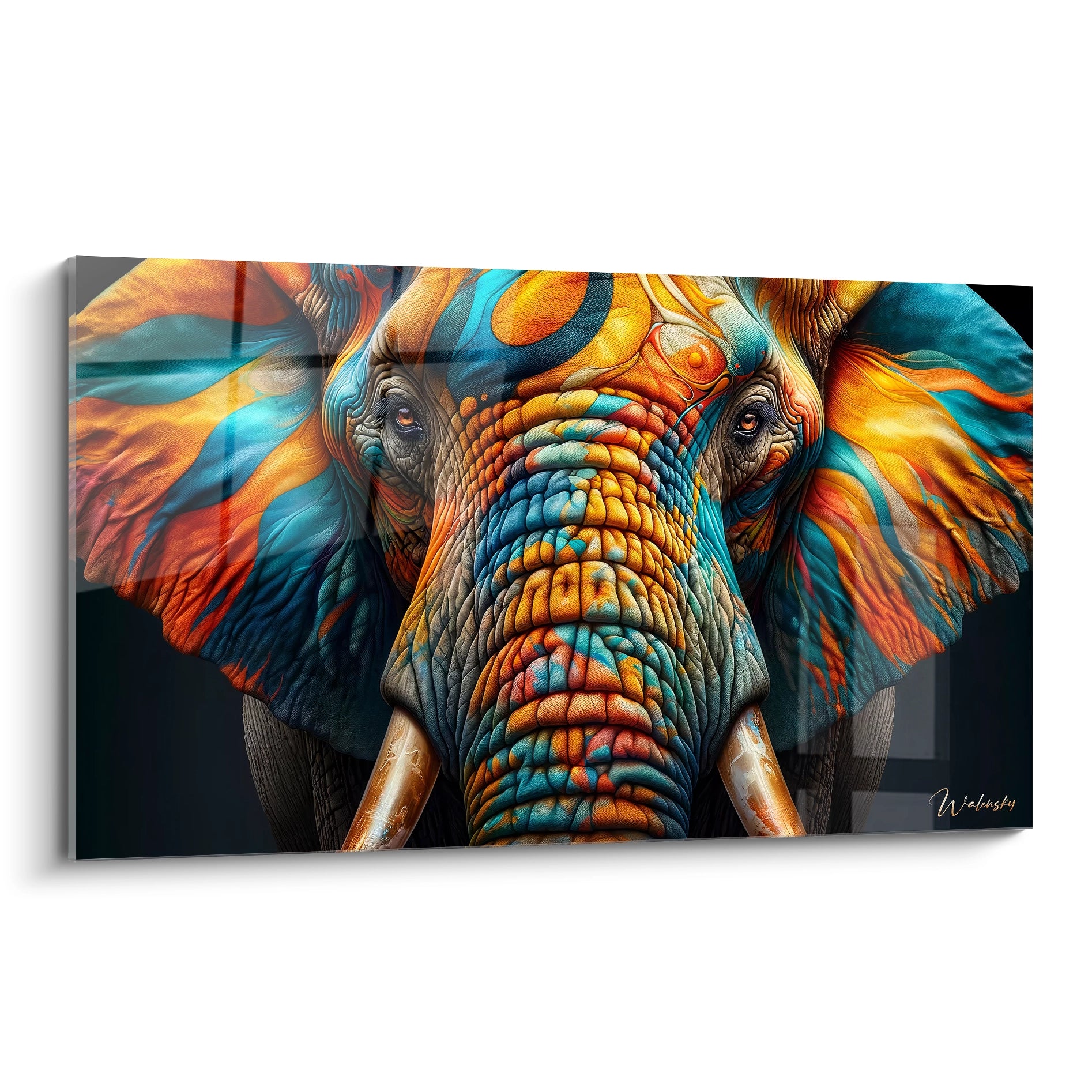 Ce tableau elephant vu de biais révèle une richesse de détails avec des couleurs vibrantes. Un mélange de réalisme et d'abstraction qui attire immédiatement le regard par sa complexité et son éclat unique.