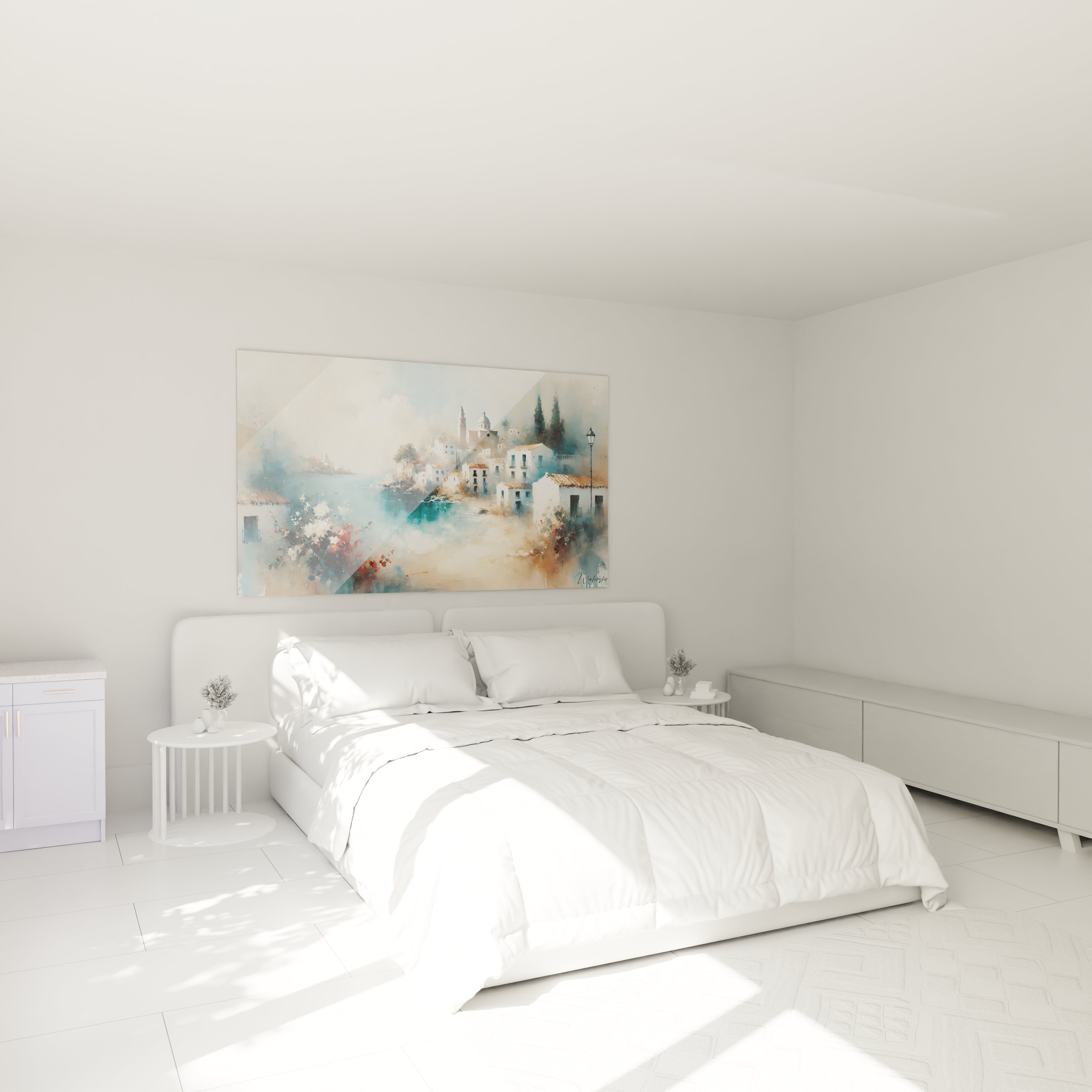 tableau espagne accroché dans une chambre ambiance apaisante maisons blanches et mer bleue dégradés subtils de bleu beige et blanc style méditerranéen parfait pour une détente totale au quotidien
