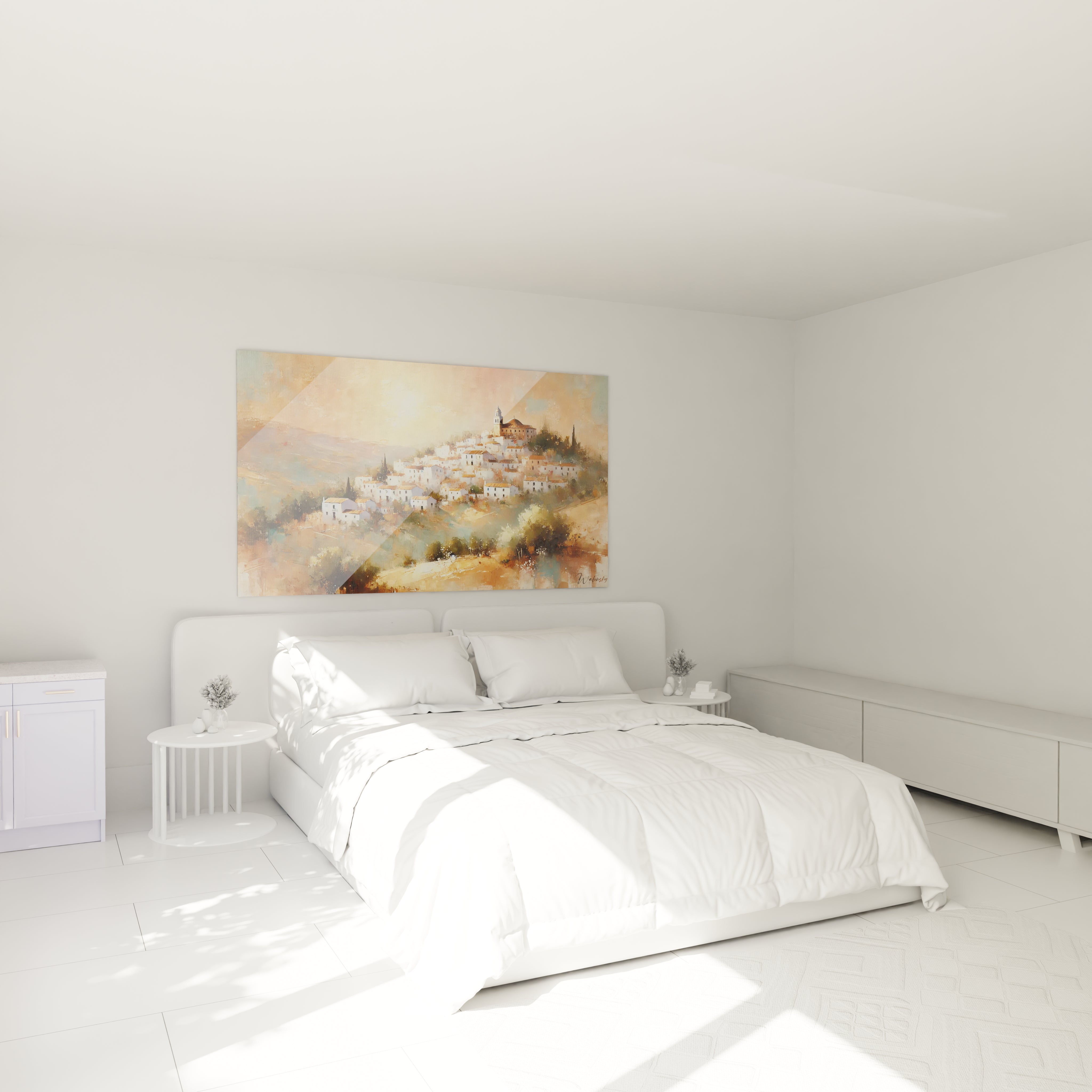 Tableau Espagne accroché dans une chambre au-dessus d’un lit. Nuances chaleureuses dorées et orangées apportant calme et sérénité, évoquant un village andalou baigné de soleil couchant.