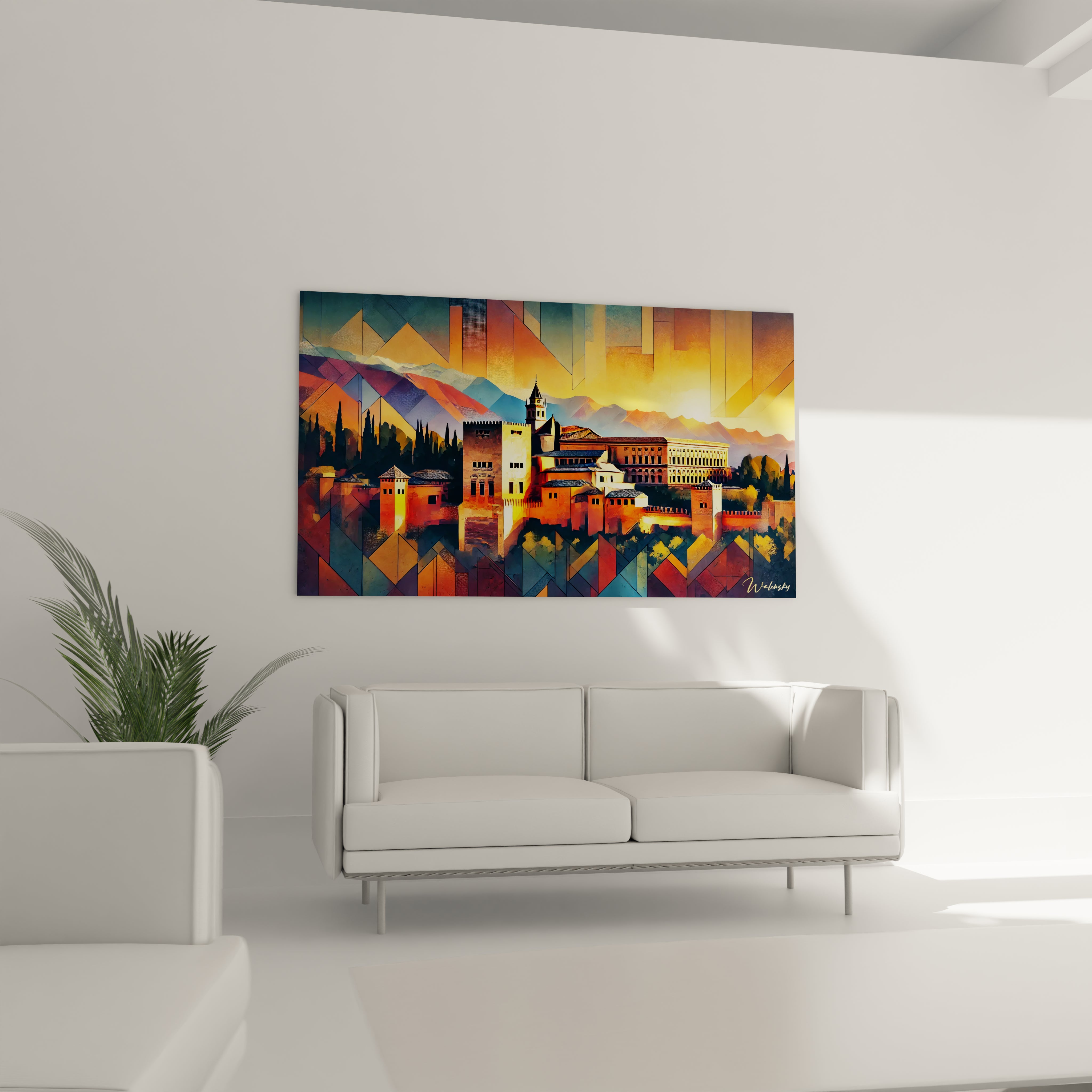 tableau Grenade dans un salon rouge intense jaune solaire et marine profond accroché au-dessus d un canapé il illumine l espace motifs inspirés de l Alhambra apportent chaleur et richesse culturelle