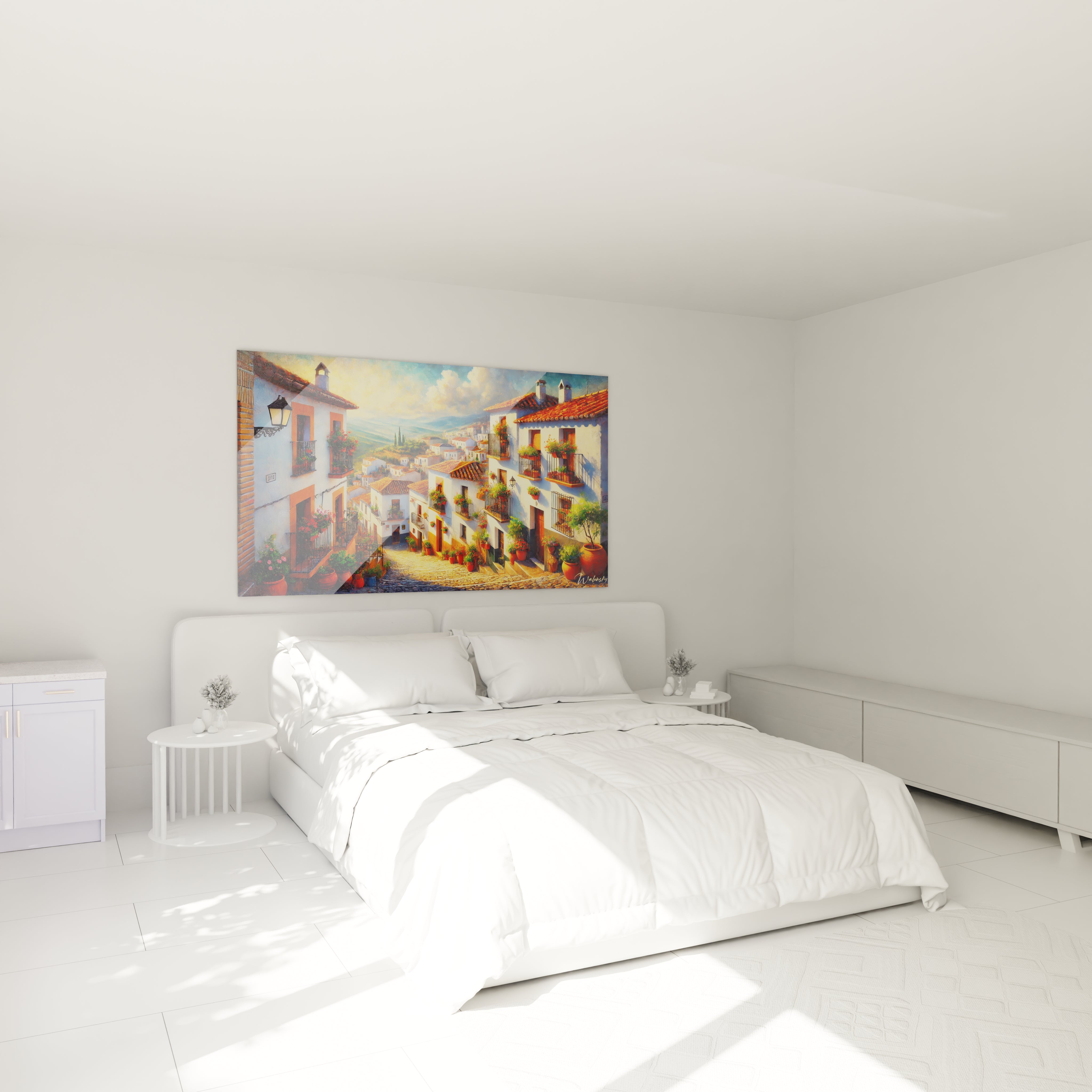 tableau Espagnol accroché dans une chambre calme au-dessus d’un lit murs beiges décoration minimaliste fleurs couleurs vives ambiance chaleureuse village andalou sérénité maison blanche et ruelles pavées