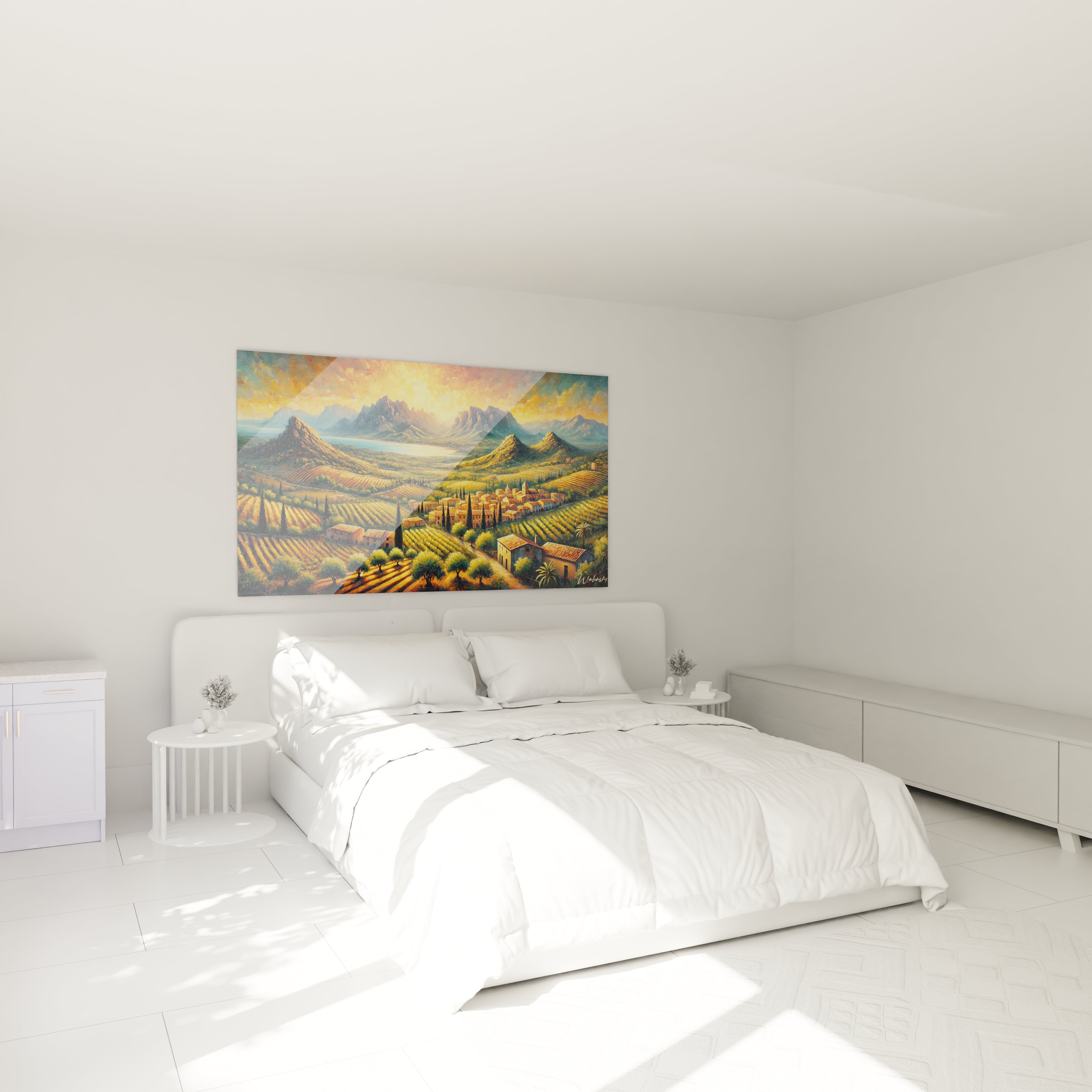 Dans une chambre, tableau Espagnol au-dessus du lit transformant l’espace en un havre méditerranéen. Paysages vibrants, montagnes dorées et oliviers évoquent calme et sérénité lumineuse.