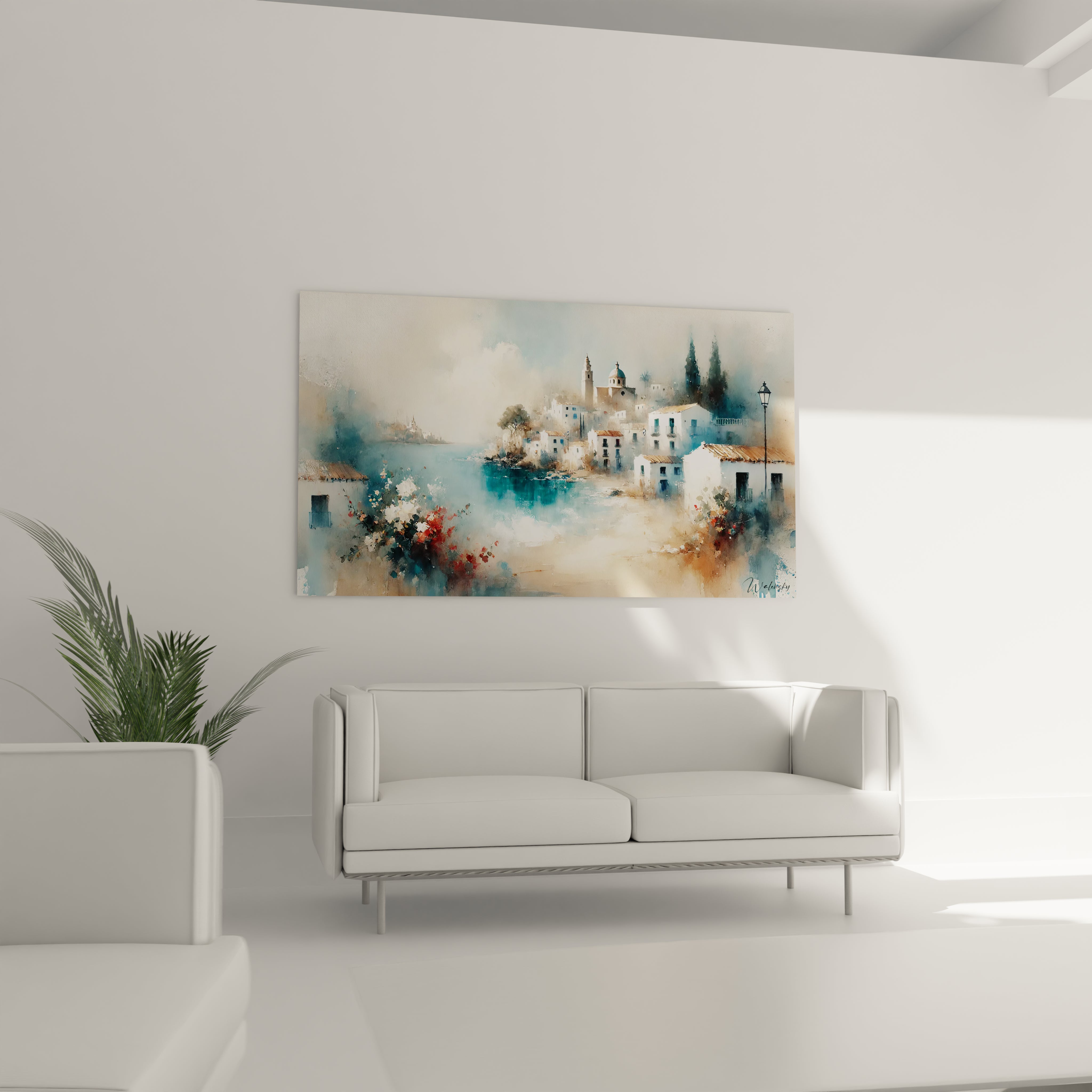 tableau espagne dans un salon au-dessus du canapé mer méditerranéenne teintes apaisantes bleu et beige harmonie avec les meubles bois clair dégradés impressionnistes qui invitent à l’évasion méditerranéenne