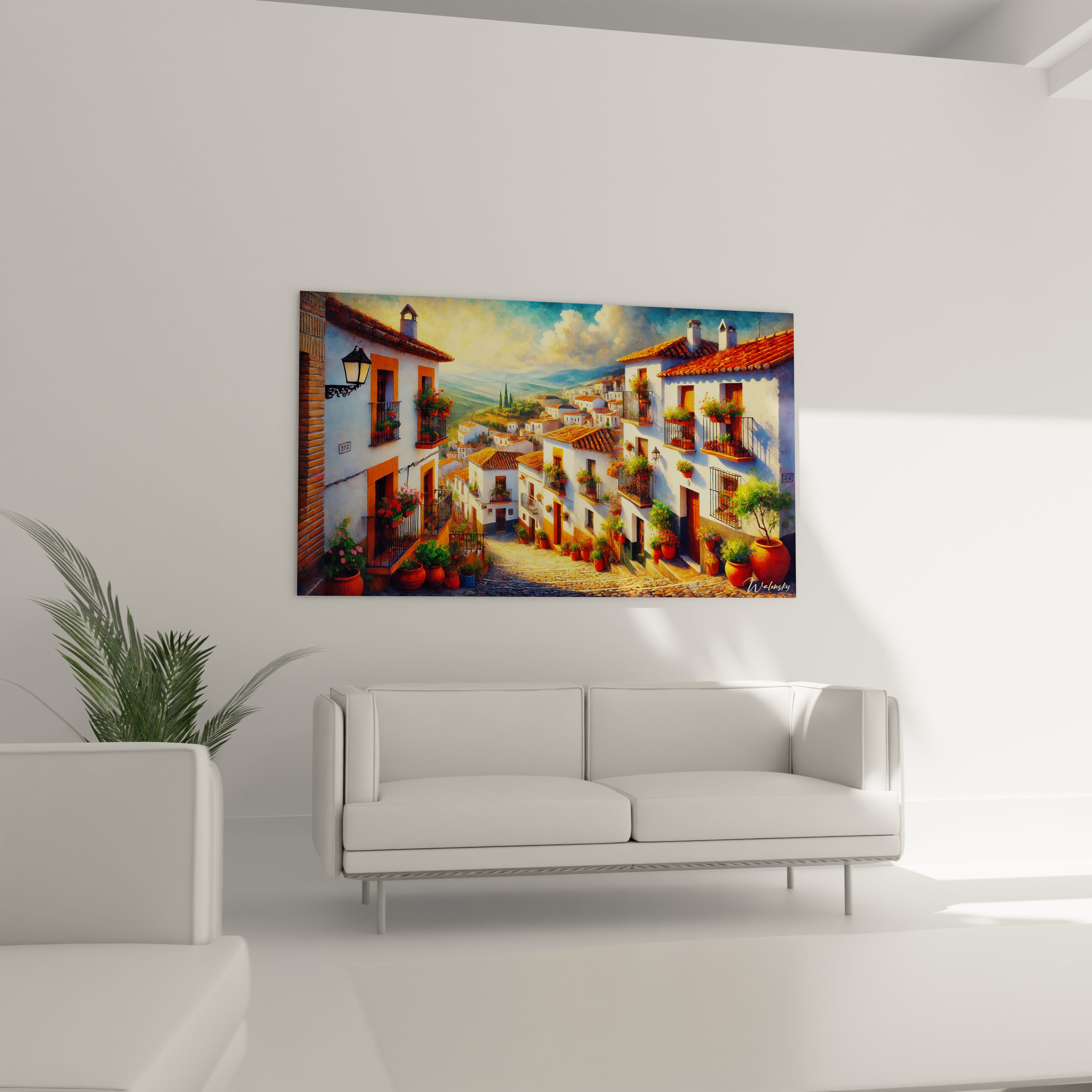 tableau Espagnol dans un salon au-dessus d’un canapé textures réalistes ambiance ensoleillée pots de fleurs colorés maisons blanches lumière naturelle style méditerranéen évocation des rues andalouses