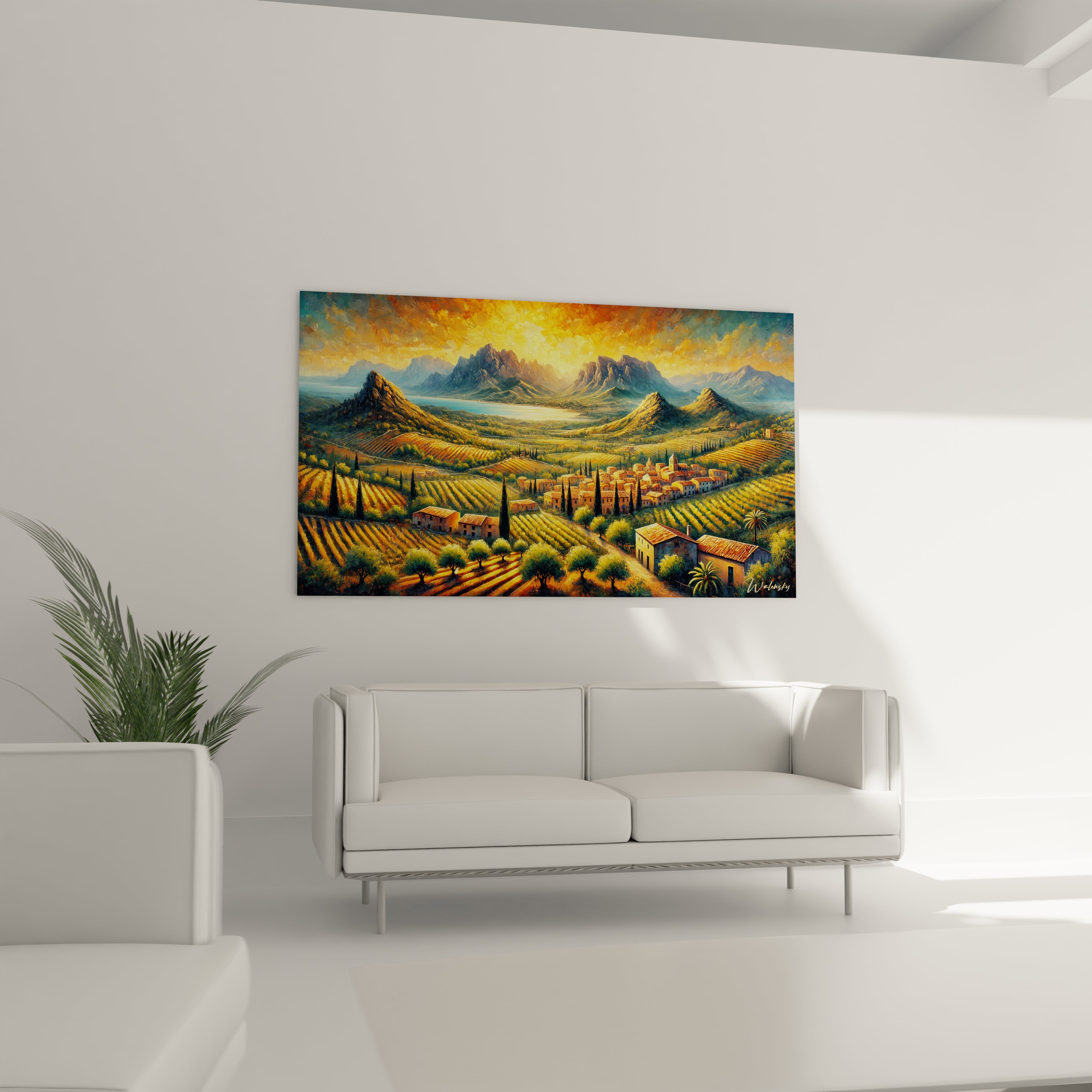 Salon sublimé par un tableau Espagnol suspendu au-dessus du canapé. Lumière dorée sur vignobles et collines, verts et jaunes éclatants enrichissent une décoration chaleureuse et naturelle.