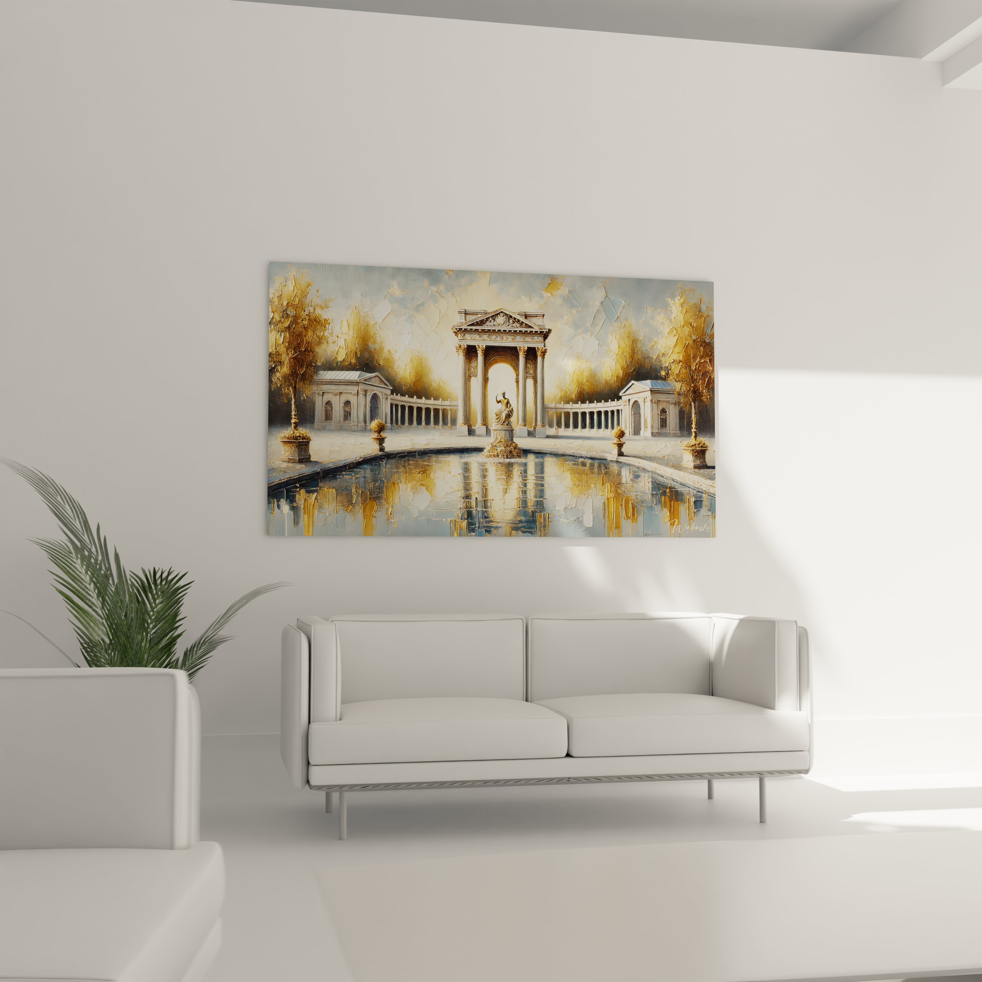tableau espagne dans un salon au-dessus d’un canapé éclat doré colonnes baroques et reflets dans une eau apaisante