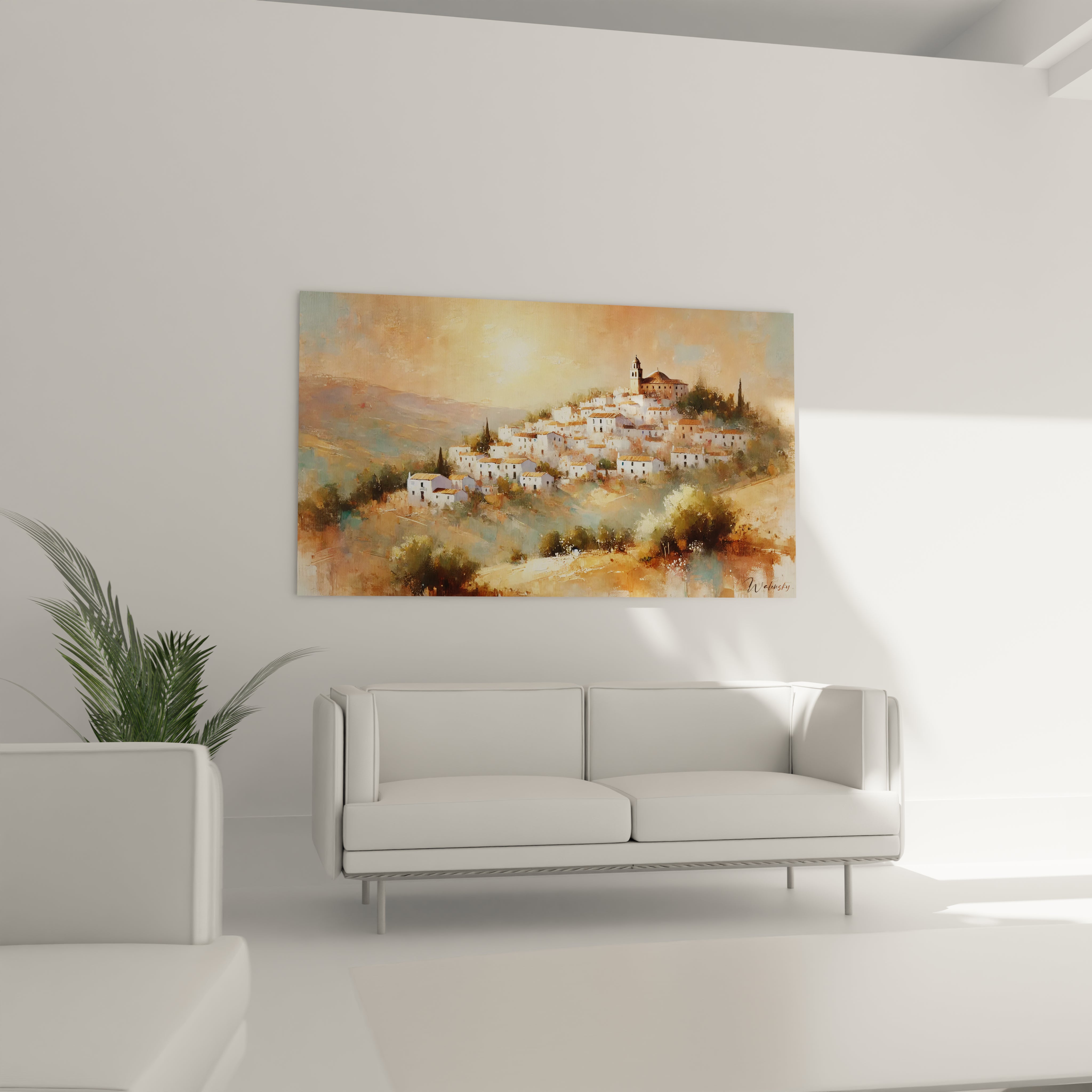 Accroché au-dessus d’un canapé dans un salon, le tableau Espagne illumine la pièce avec des tons beige, orange et blanc. Paysage méditerranéen et ambiance douce des soirées estivales.