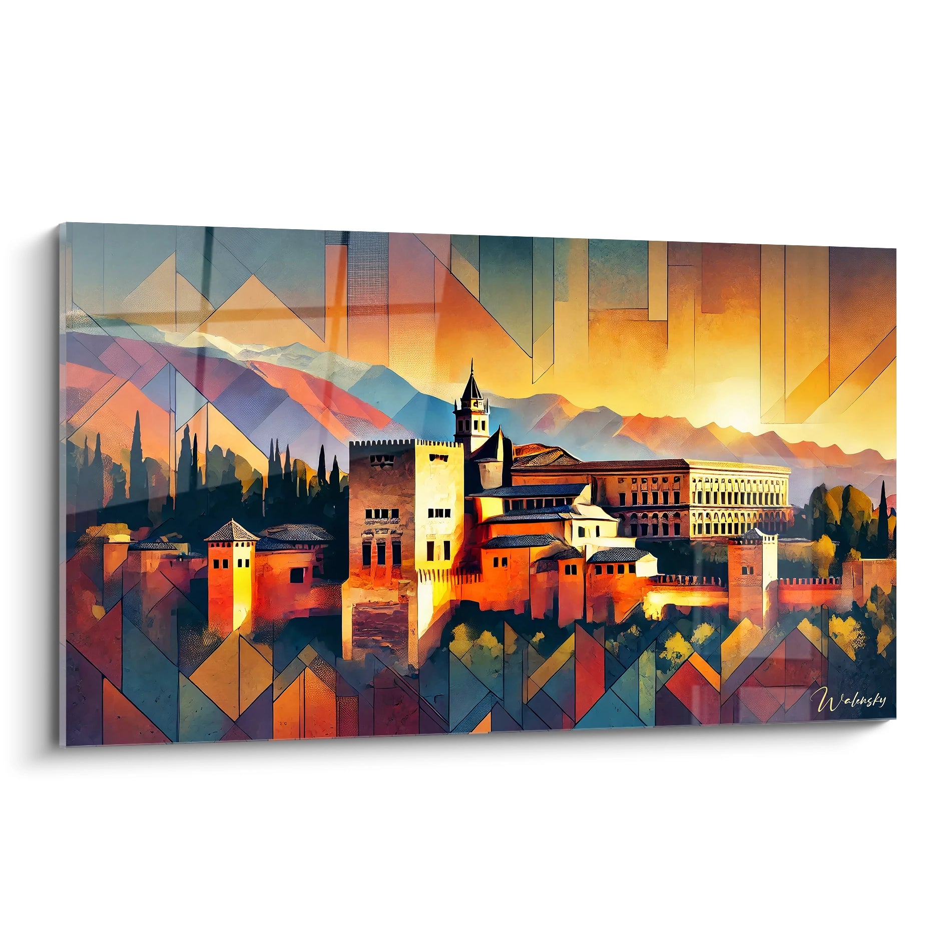 tableau Grenade vu de biais nuances de rouge jaune et bleu marine formes géométriques inspirées de l Alhambra lumière dorée des couchers de soleil andalous un joyau visuel évoquant Grenade