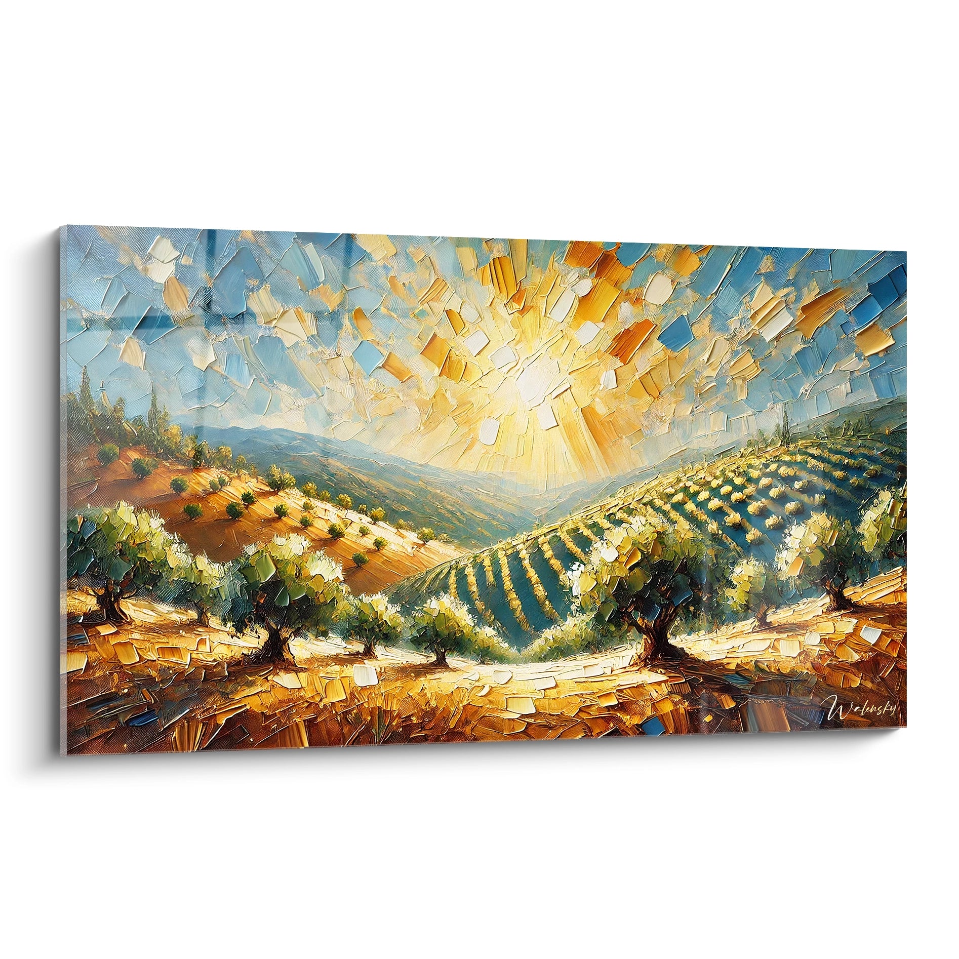 tableau espagne vu de biais illuminant une lumière dorée sur des collines texturées dans des tons jaune vert et bleu pour une ambiance méditerranéenne apaisante et vibrante