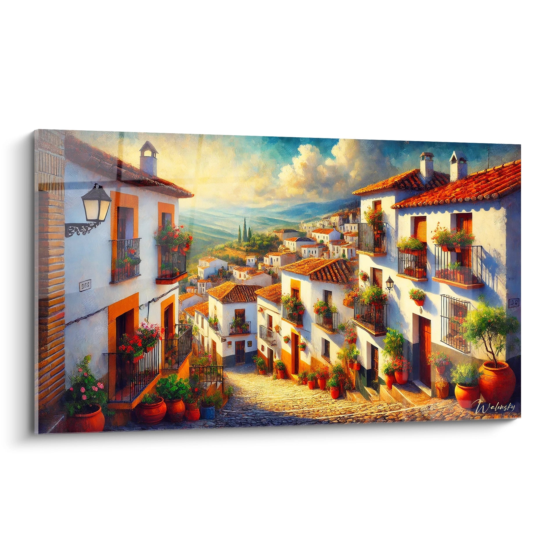 tableau Espagnol vu de biais dans un salon lumineux murs clairs meubles bois couleurs blanc rouge vert pots de fleurs style méditerranéen villages typiques andalous ciel éclatant et chaleur