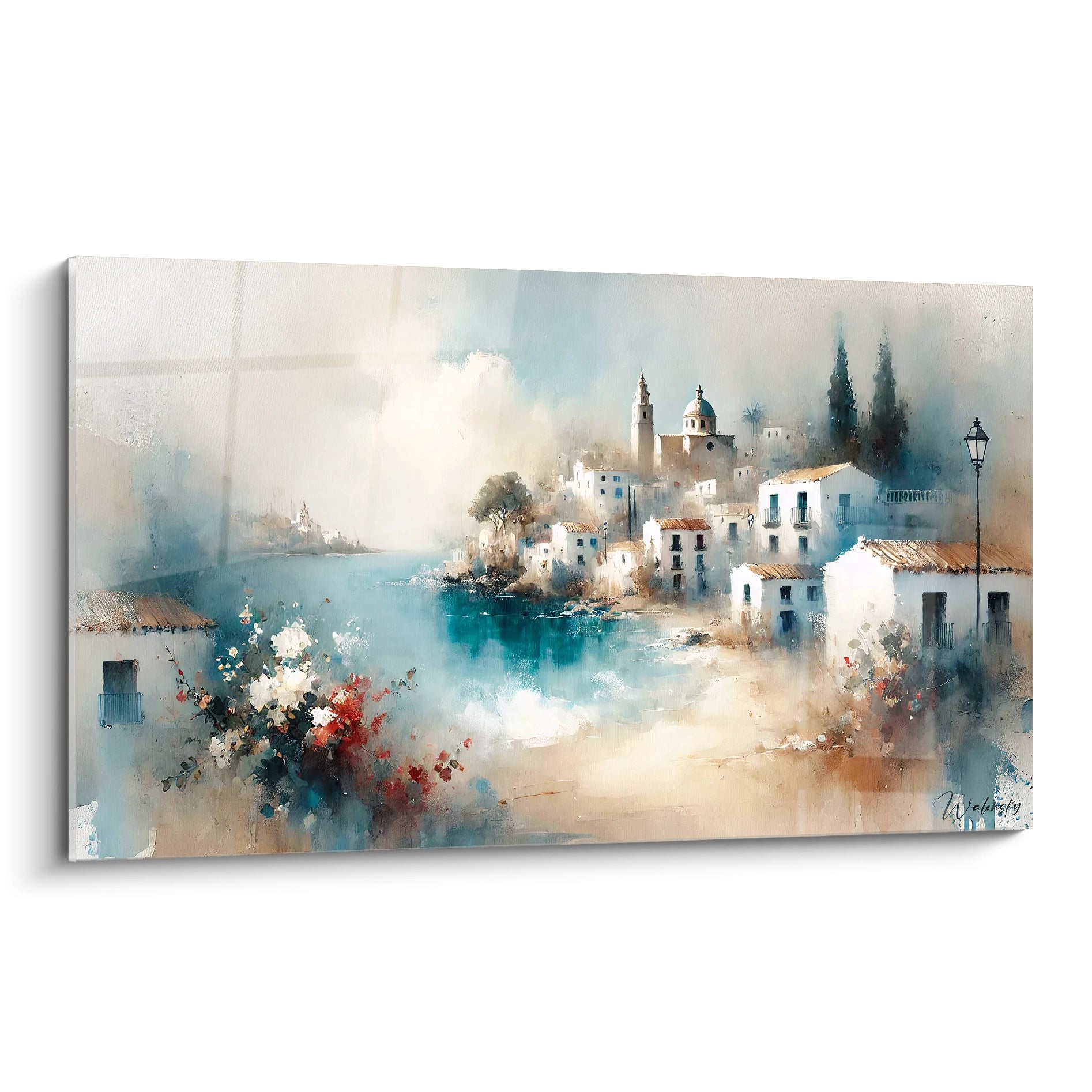tableau espagne vue de biais capture des maisons blanches surplombant la mer bleu azur textures impressionnistes touches de beige et blanc lumière douce évoquant la brume marine calme et sérénité
