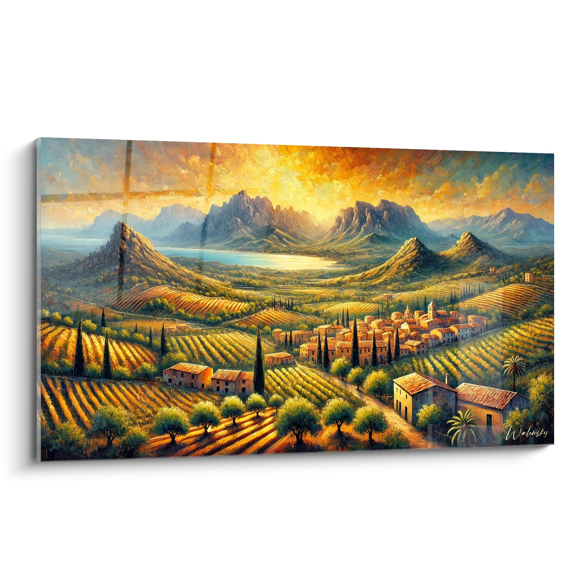 tableau Espagnol vu de biais dévoilant ses montagnes dorées baignées de lumière chaleureuse. Coups de pinceau impressionnistes texturés et palette jaune, vert et bleu captivent le regard.