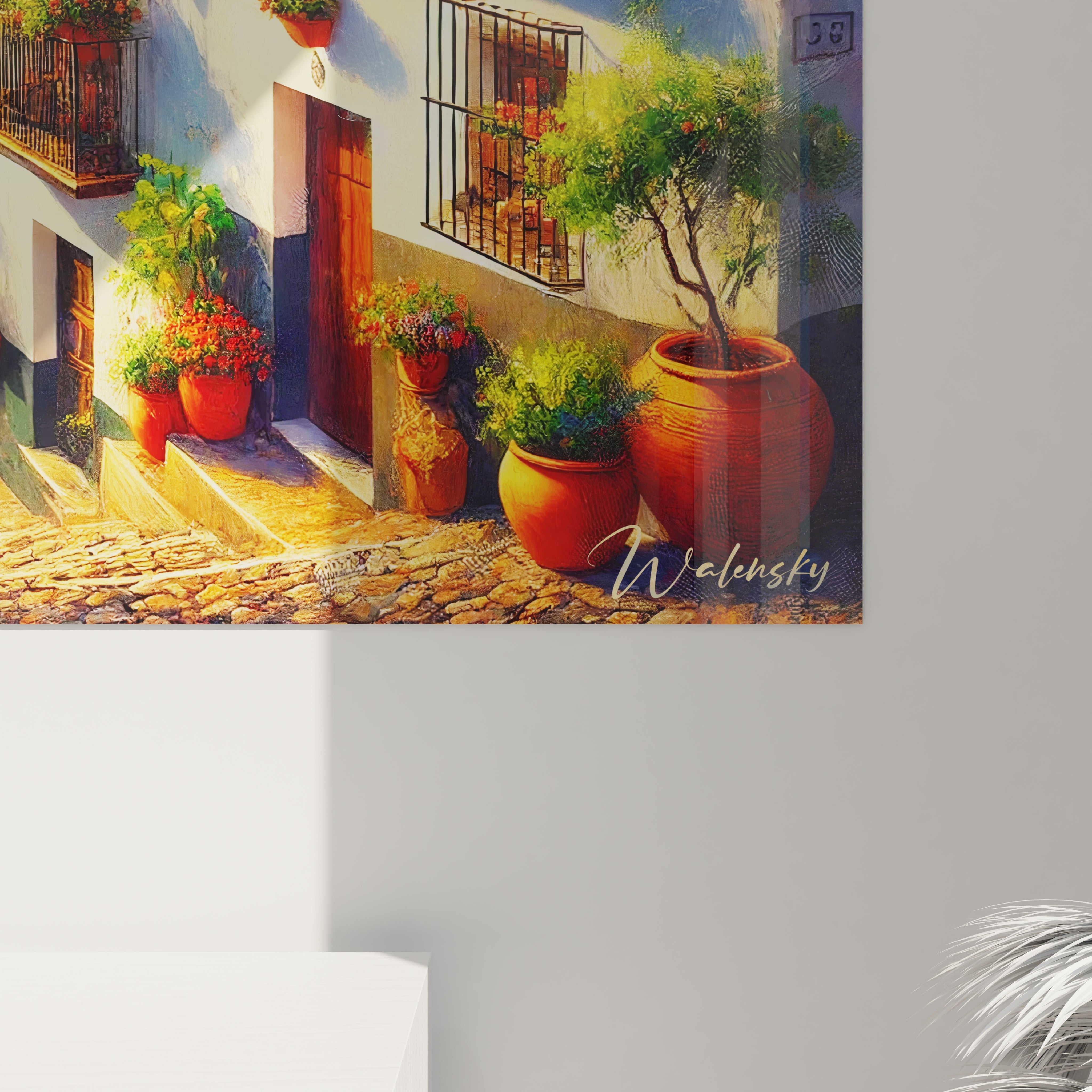 vue rapprochée tableau Espagnol détails pots de fleurs contrastes blanc murs chaux rouge toits tuiles verts feuillages coups de pinceau texturés profondeur et lumière villages méditerranéens