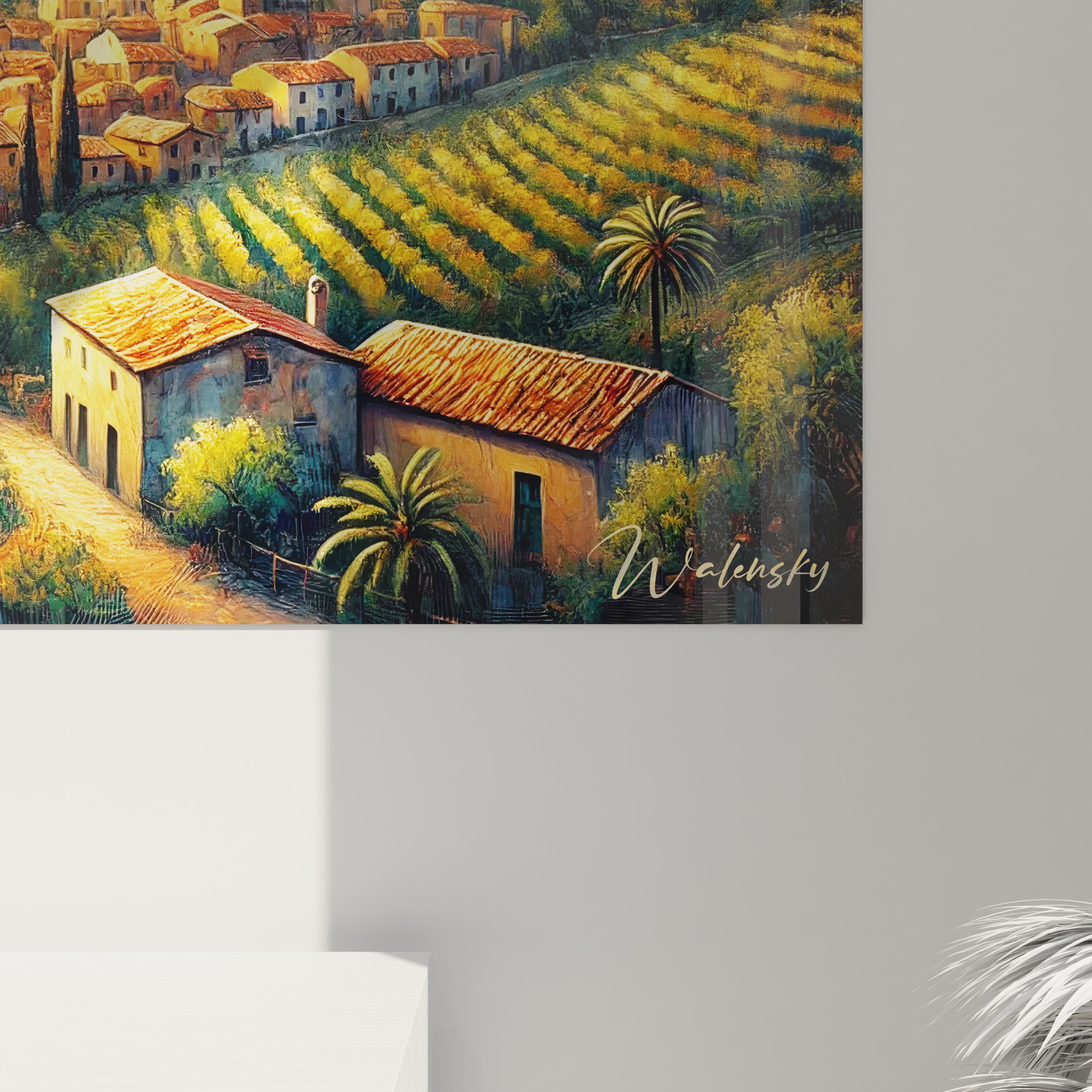Zoom rapproché sur le tableau Espagnol révélant des détails impressionnistes vibrants. Textures audacieuses, paysages méditerranéens et lumière dorée évoquent des vallées pittoresques en été.