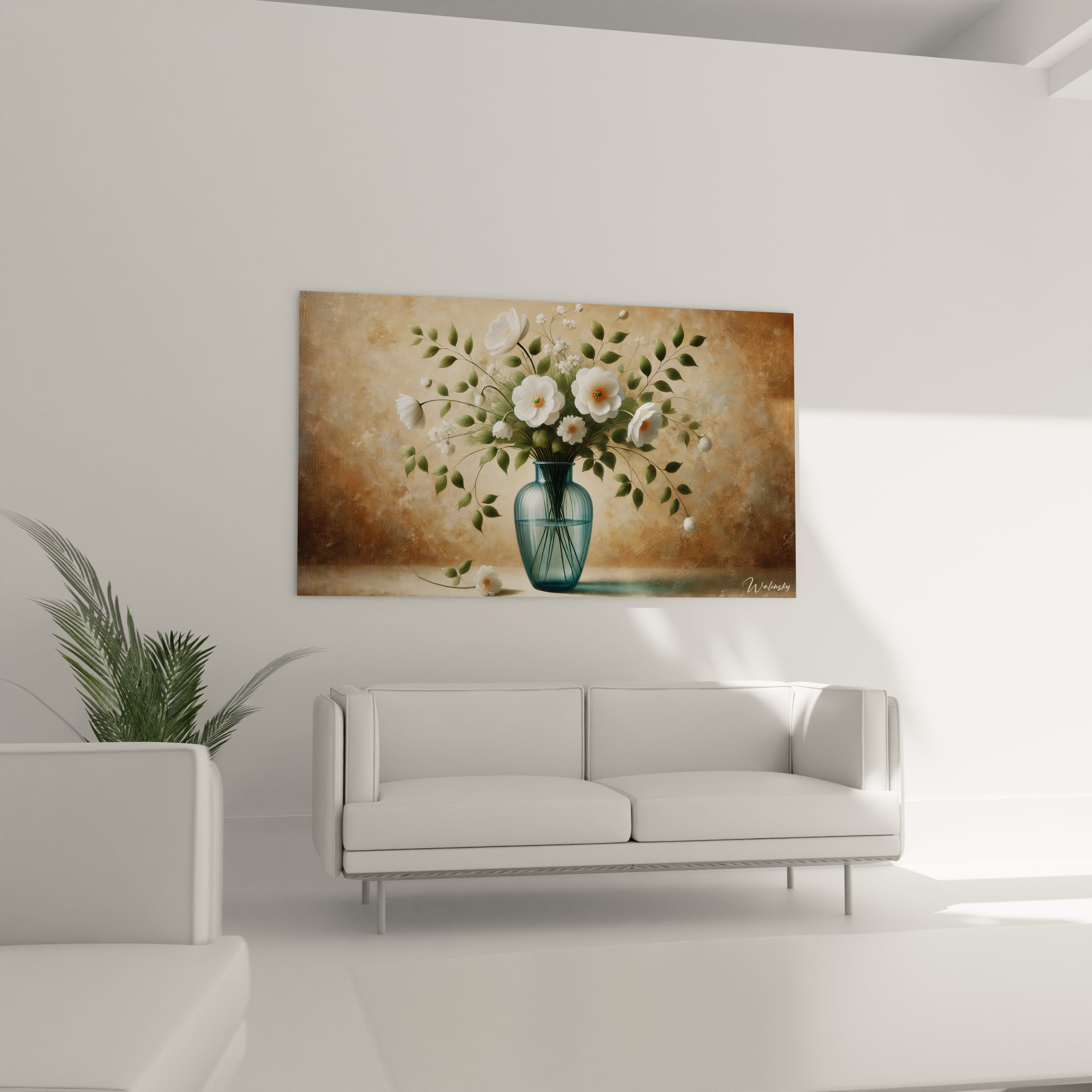 Tableau Fleur dans un salon, sublimant la décoration au-dessus du canapé. Les fleurs blanches et les teintes de vert et de bleu apportent calme et harmonie à la pièce.