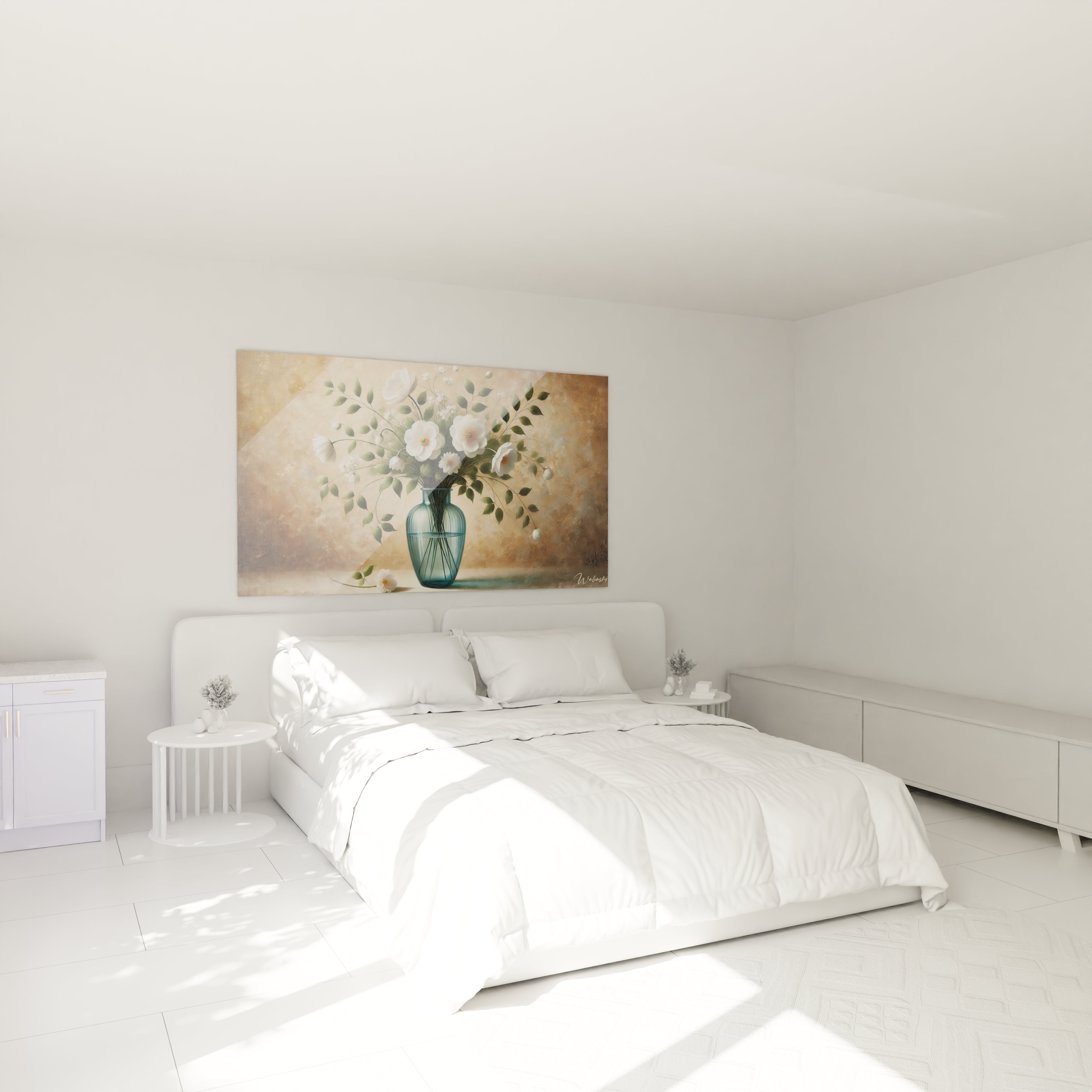 Dans une chambre, ce Tableau Fleur apporte une touche de sérénité au-dessus du lit. Les fleurs blanches délicates et le vase bleu ajoutent une ambiance apaisante et élégante à l’espace.